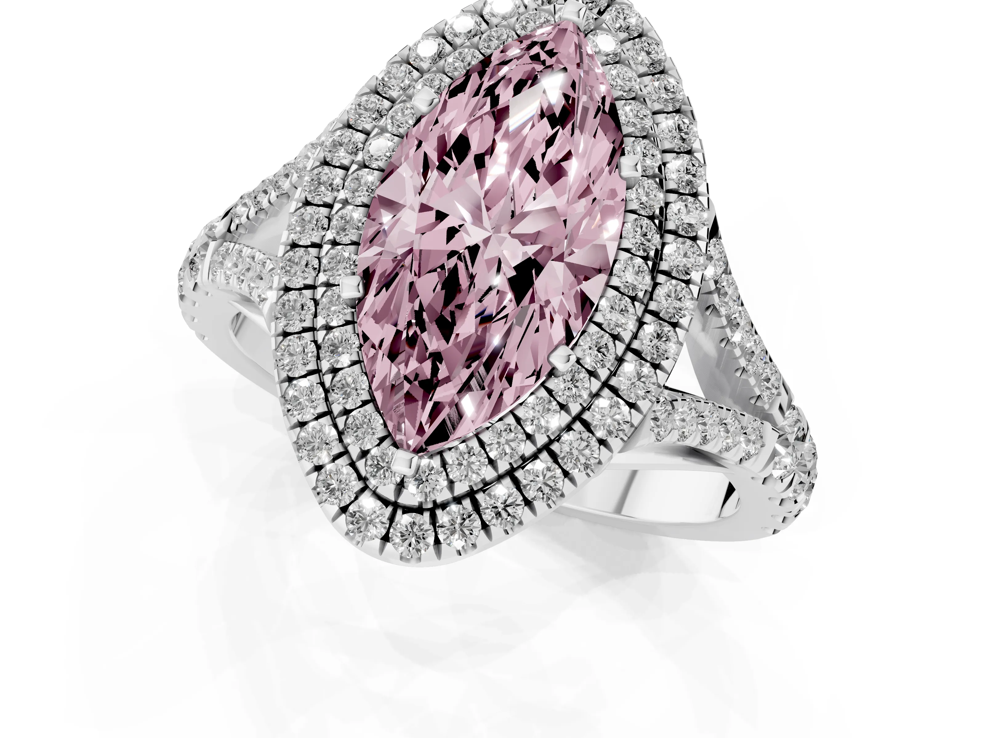 Fancy Pink Marquise Cut Diamond Pavé Split Shank Double Halo Engagement Ring Set in Silver