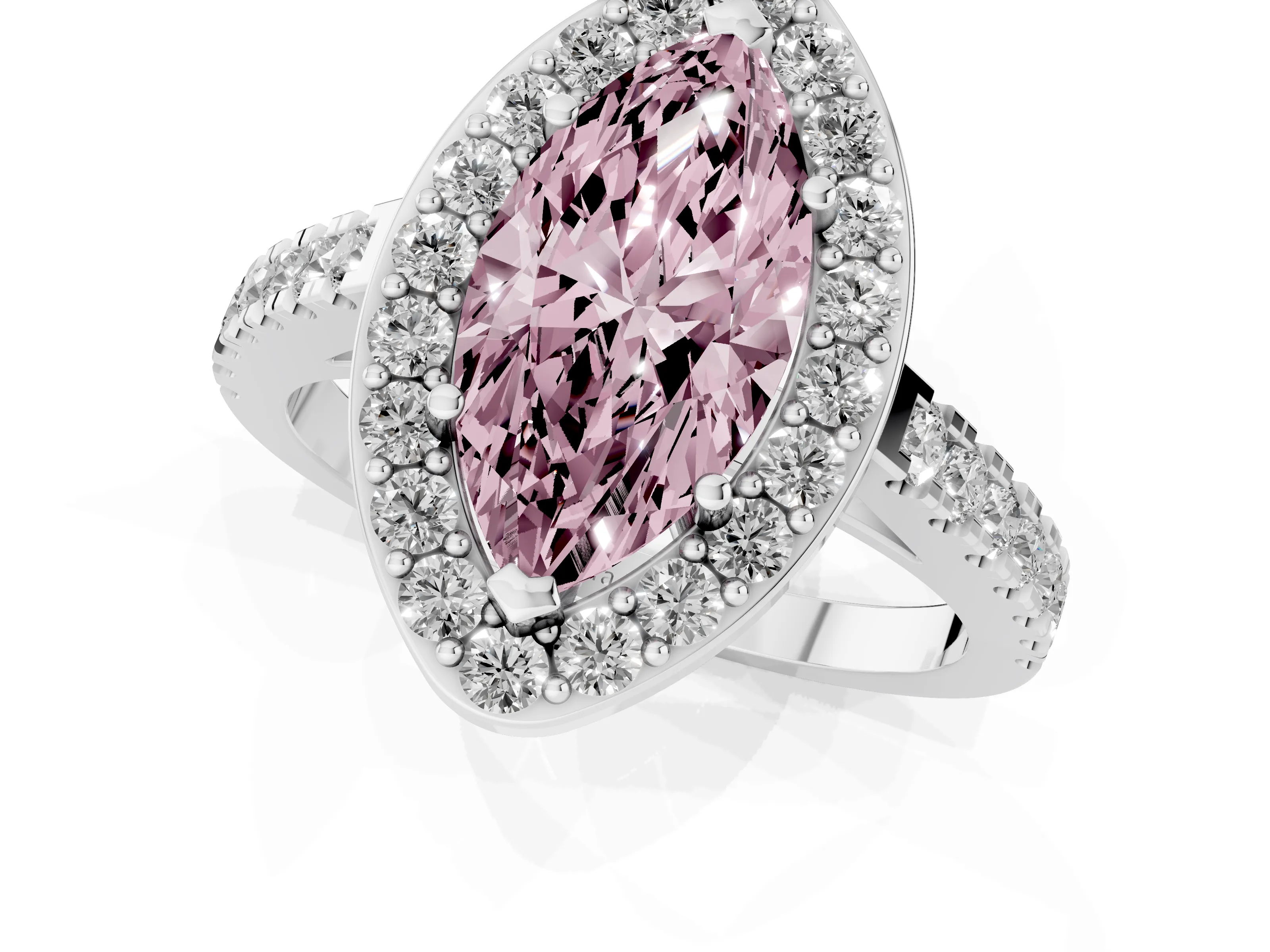 Fancy Pink Marquise Cut Diamond Halo Ring Set in Silver with Round Pavé Split Shank and Prong Setting