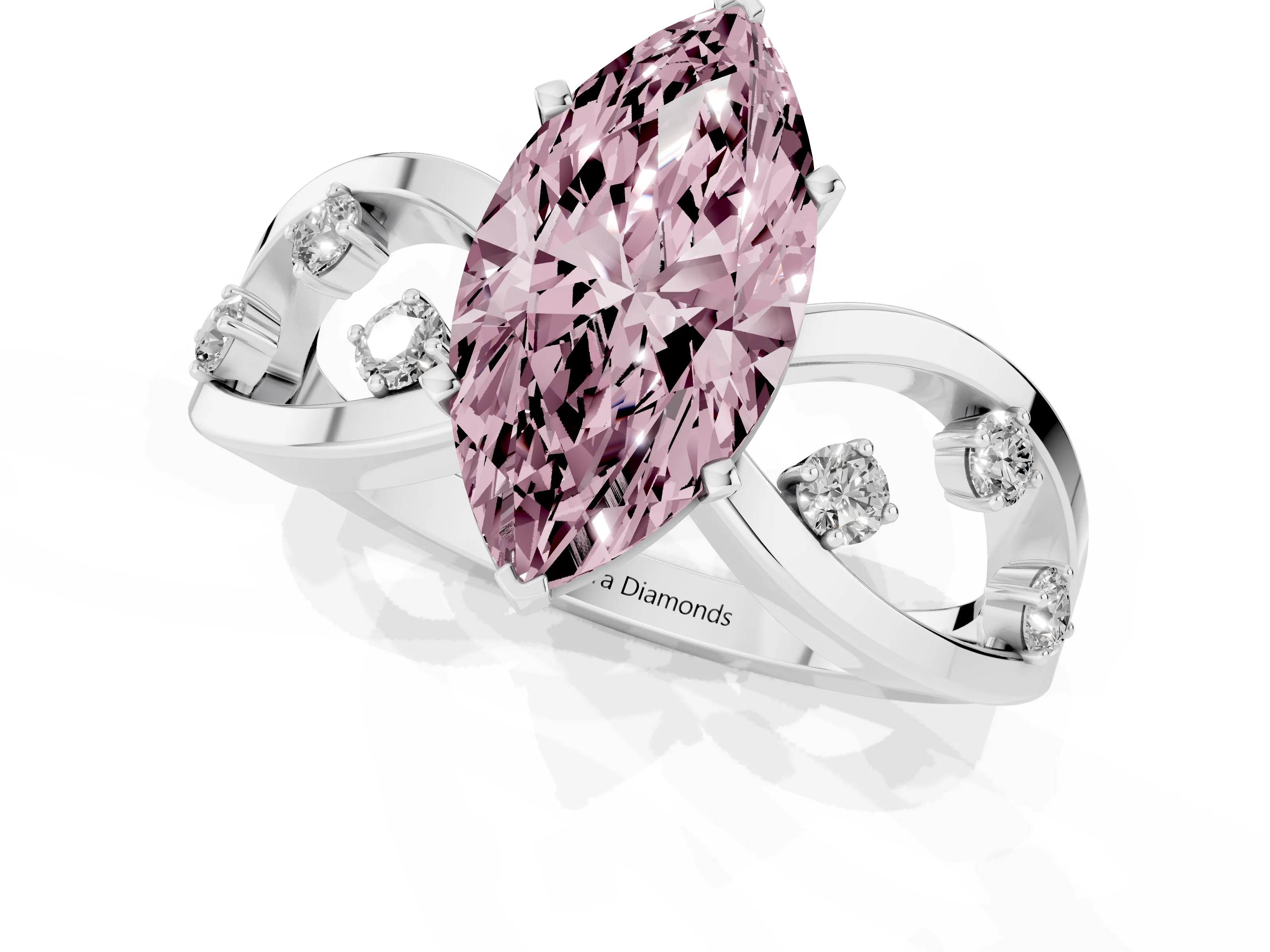Fancy Pink Marquise Cut Diamond Solitaire Ring Set in Silver with Side Stones on Criss-Cross Band and Prong Setting