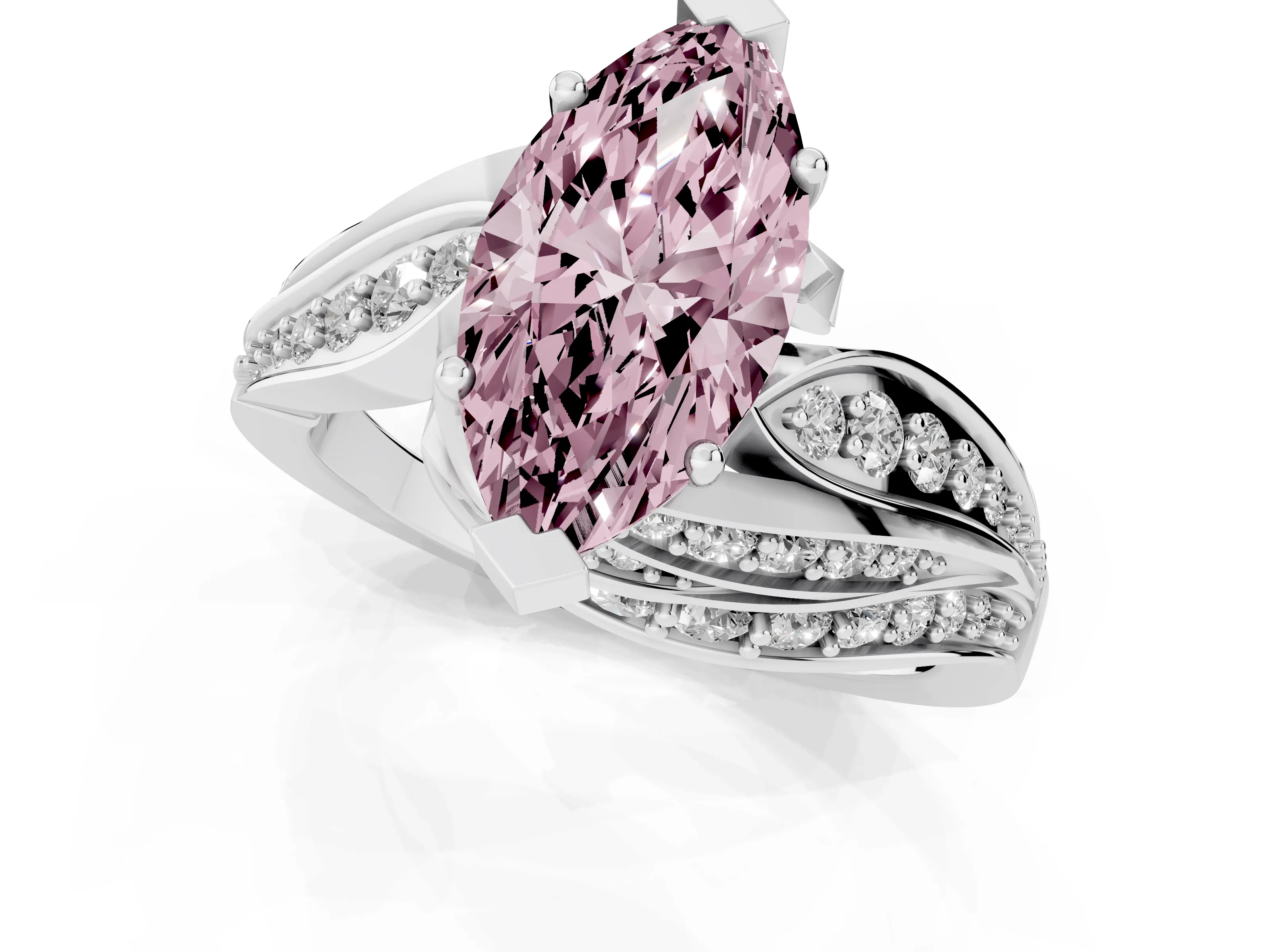 Fancy Pink Marquise Cut Diamond Solitaire Ring Set in Platinum with Layered Twist Pavé Band