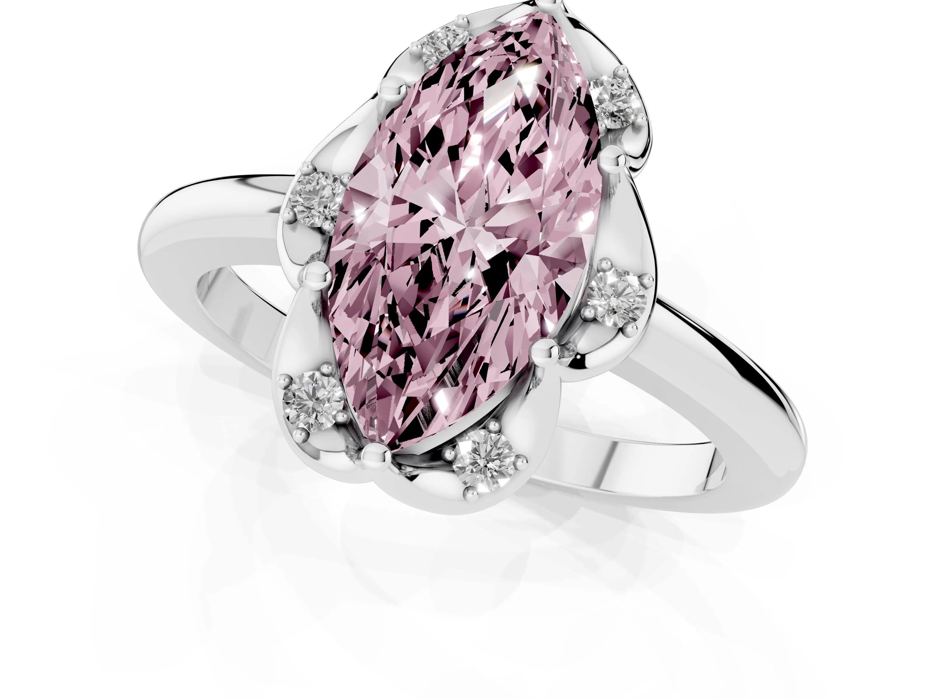 Fancy Pink Marquise Cut Diamond Round Cluster Halo Ring Set in Silver with Solitaire Band and Prong Setting