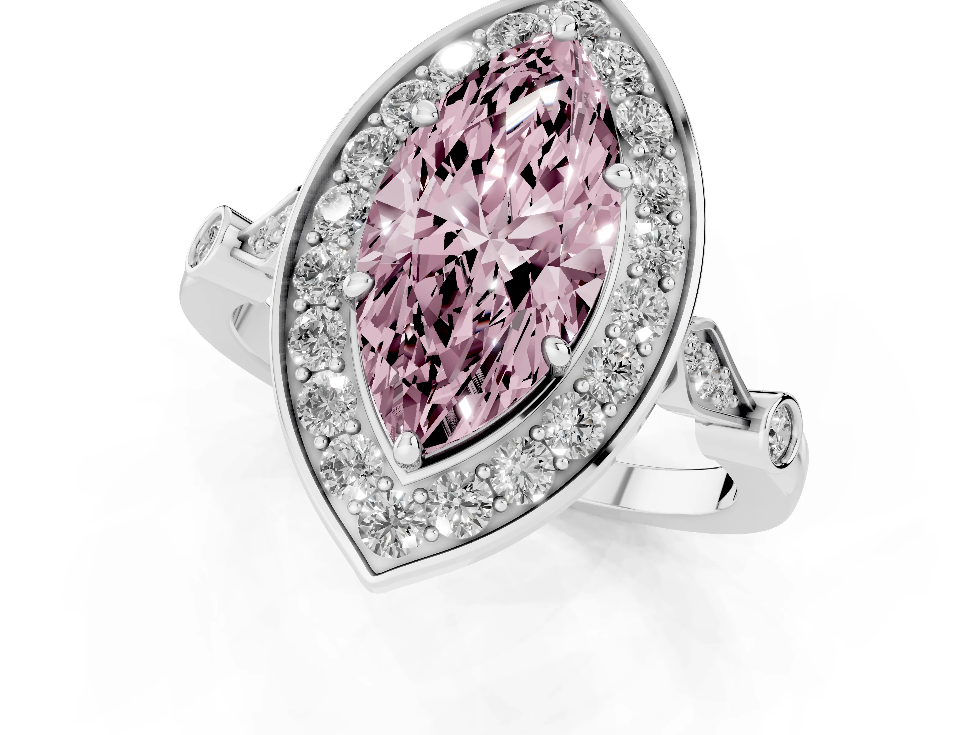 Fancy Pink Marquise Cut Diamond Halo Engagement Ring Set in Platinum with Twisted Band and Prong Setting – second view