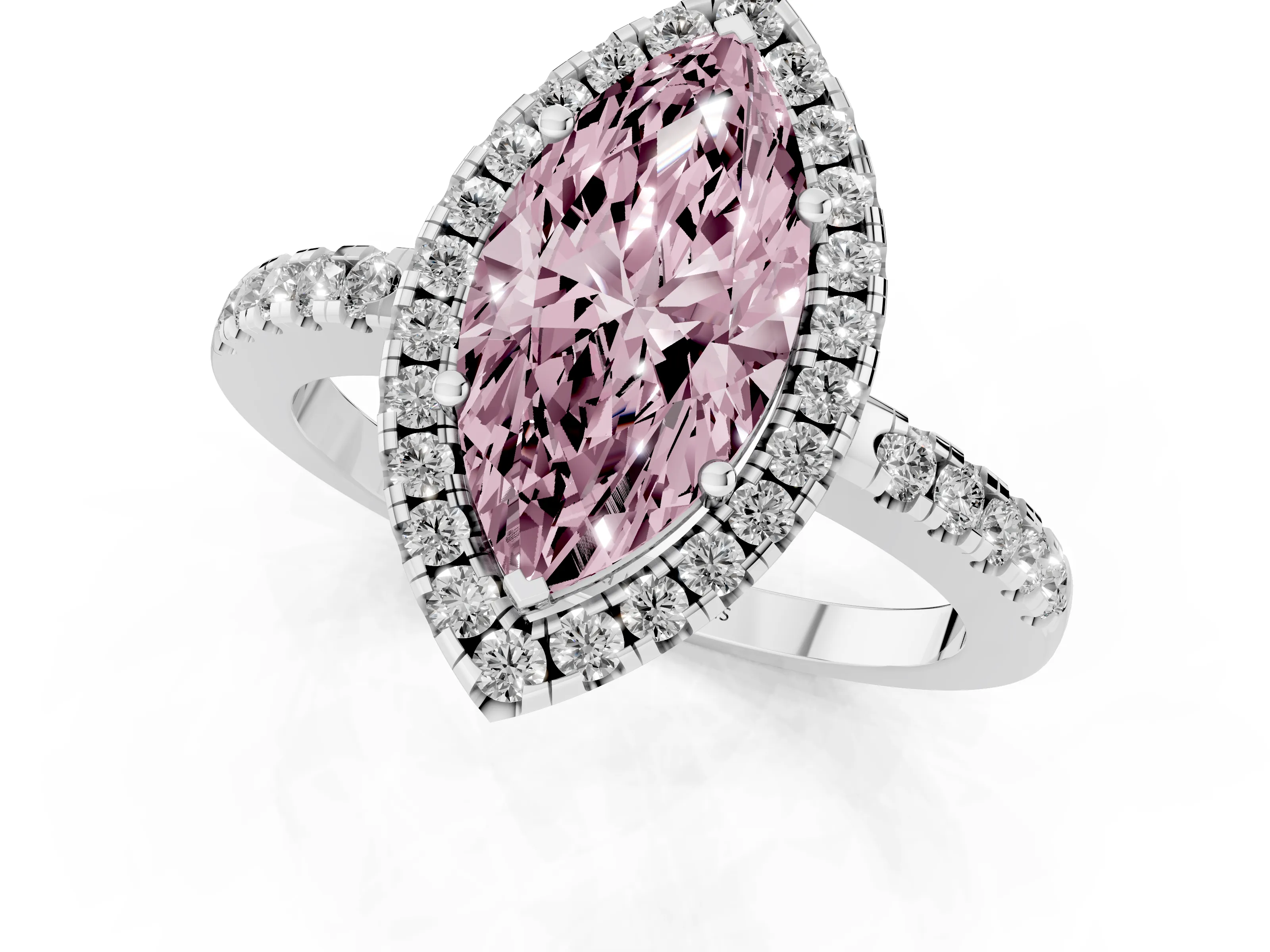 Fancy Pink Marquise Cut Diamond Pavé Band Halo Engagement Ring Set in White gold with Prong Setting