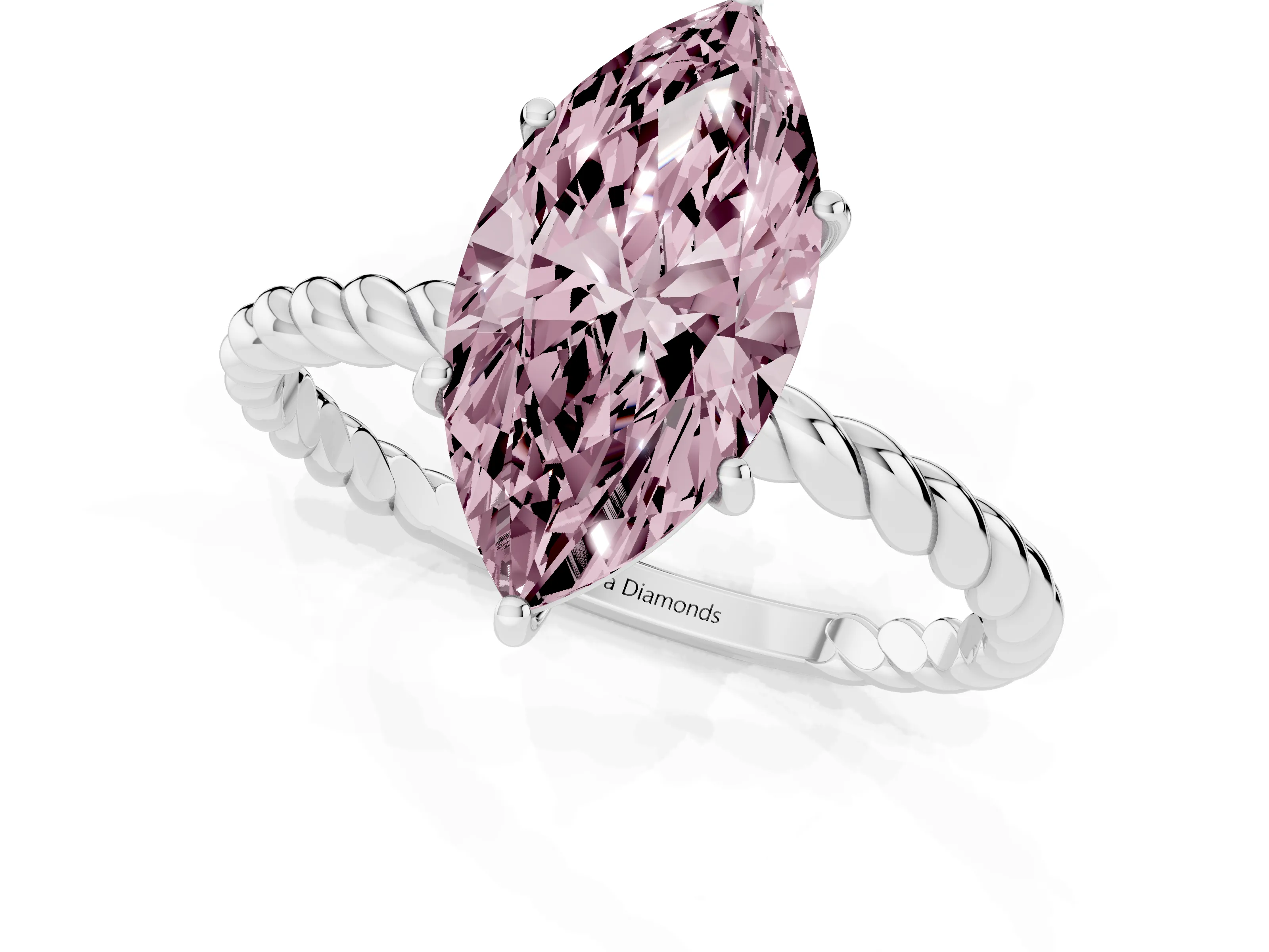 Fancy Pink Marquise Cut Diamond Solitaire Ring Set in Silver with Twist Band and Prong Setting
