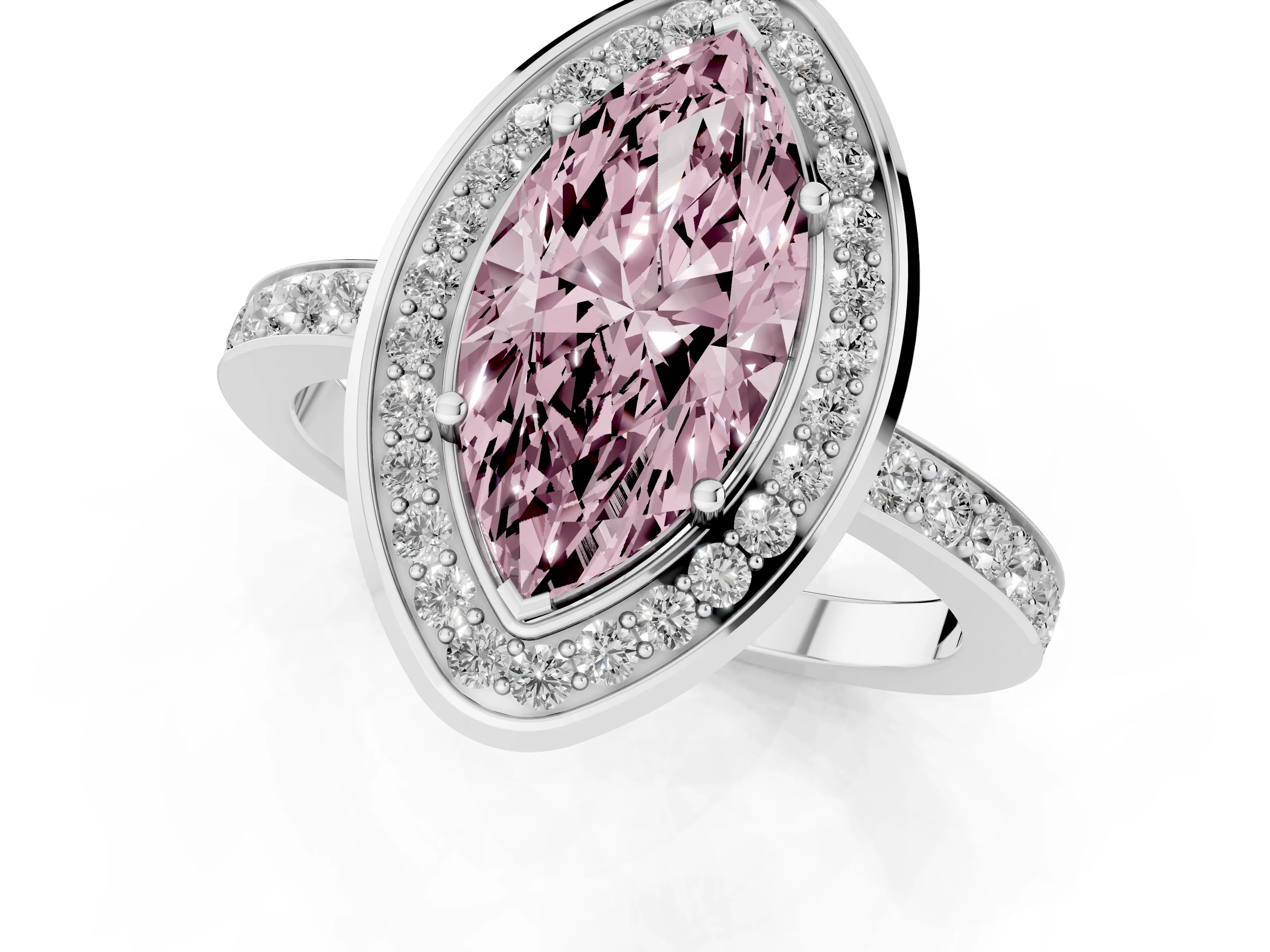 Fancy Pink Marquise Cut Diamond Halo Ring Set in Silver with Bezel Frame and Pavé Band