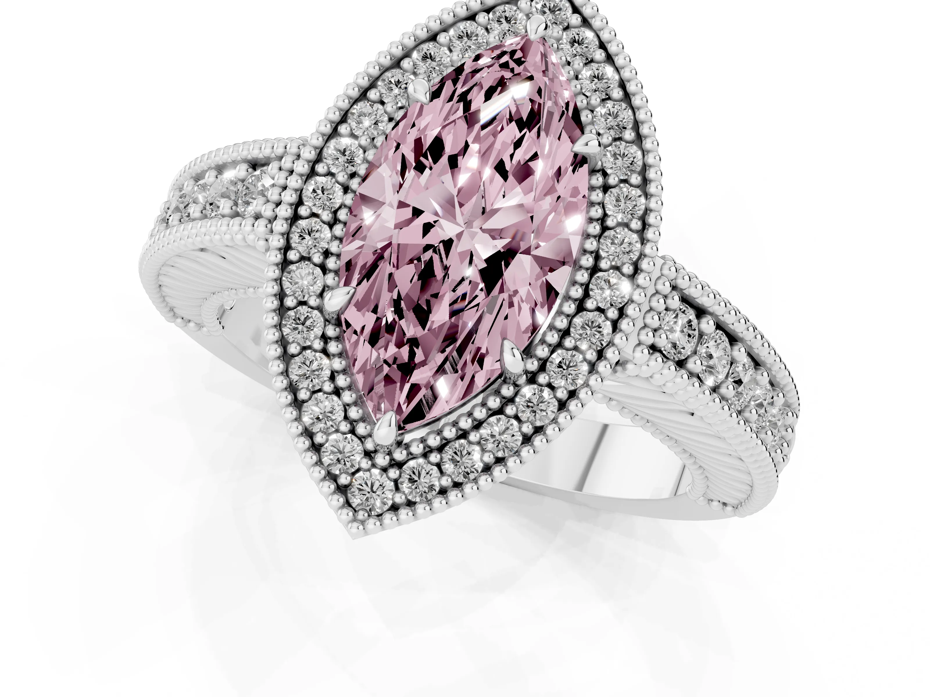 Fancy Pink Marquise Cut Diamond Halo Ring Set in White gold with Round Accent Halo, Pavé Band and Prong Setting