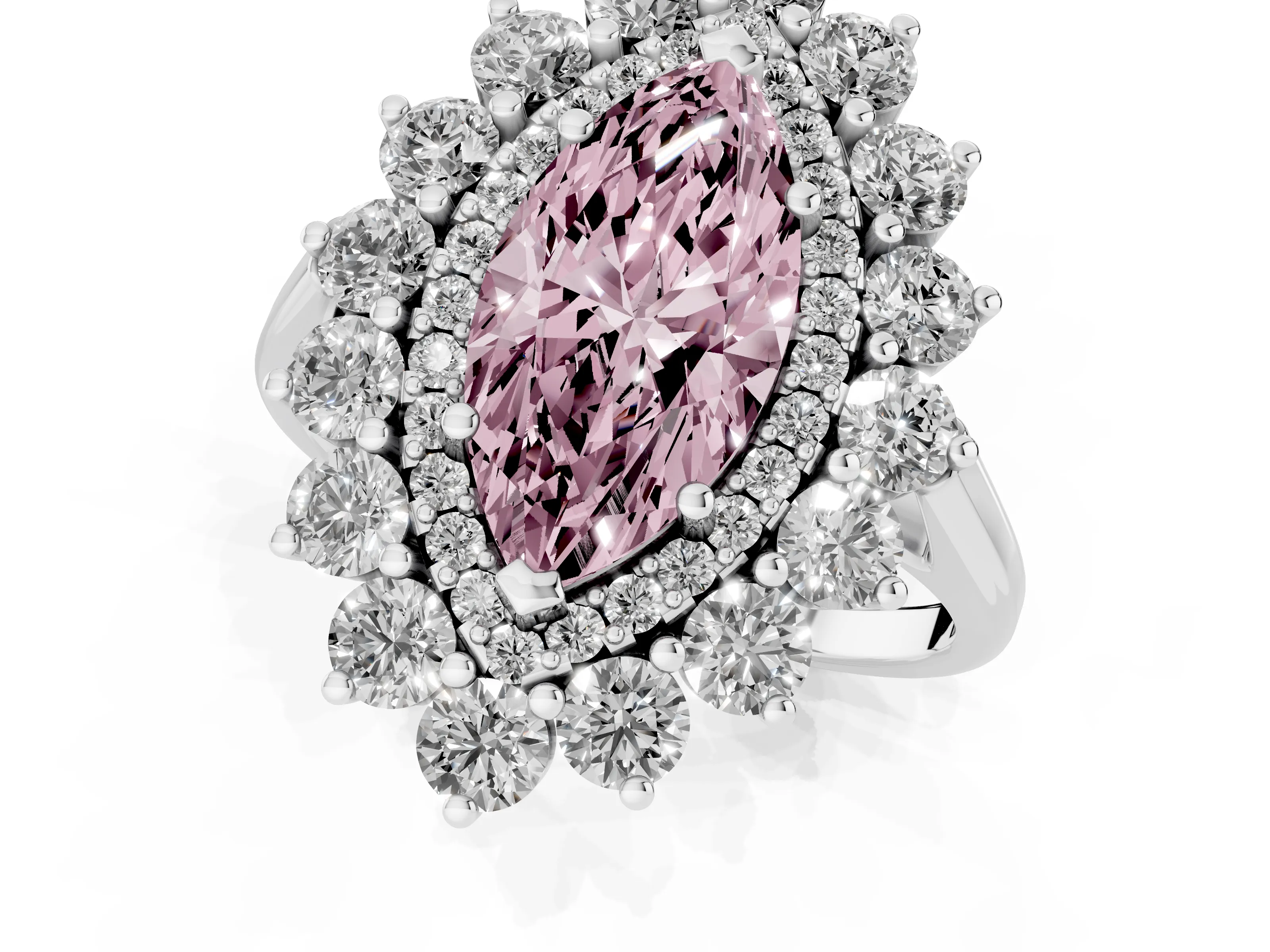 Fancy Pink Marquise Cut Diamond Floral Double Halo Ring Set in Silver with Round Petals