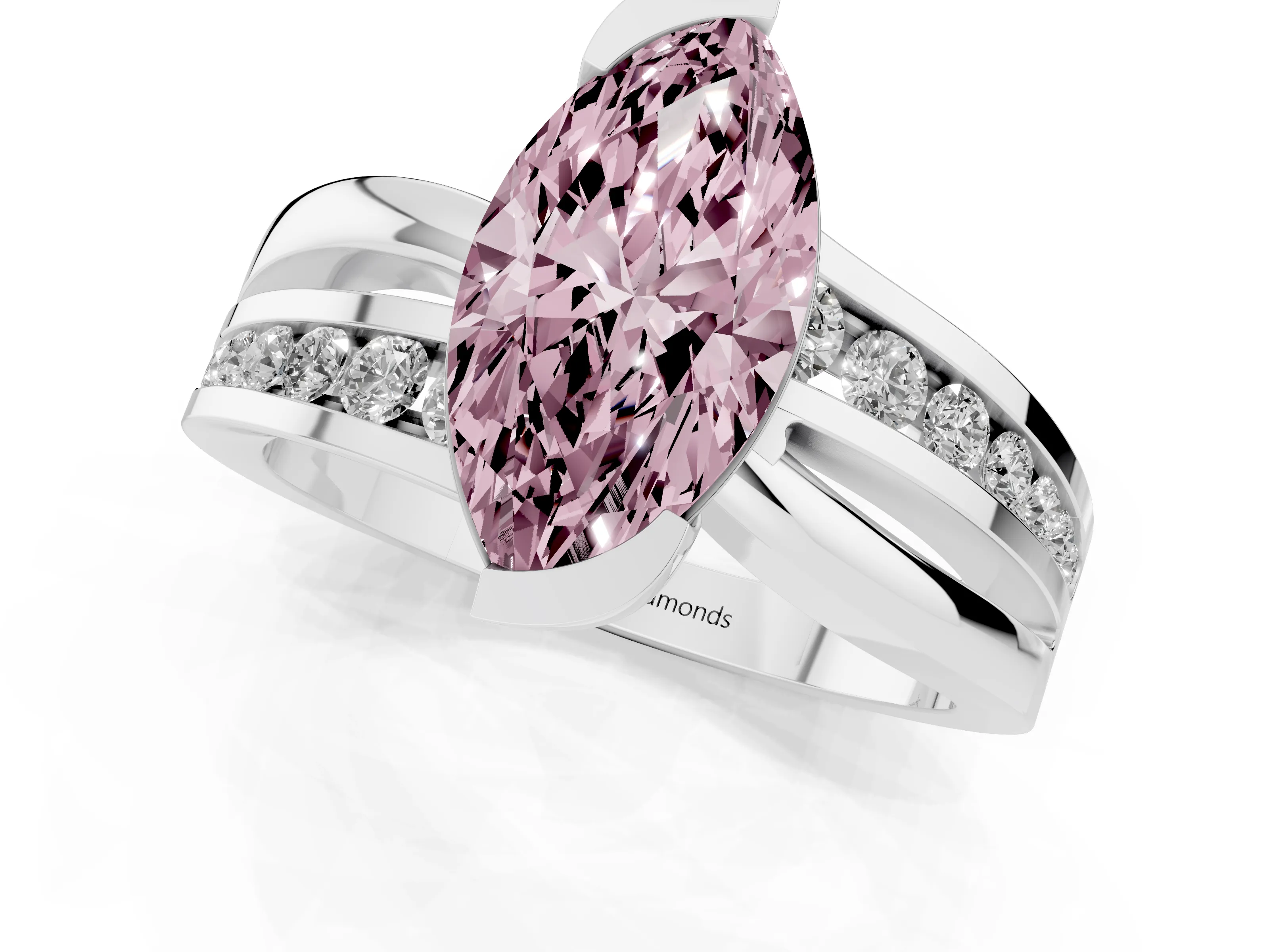 Fancy Pink Marquise Cut Diamond Solitaire Ring Set in Silver with Channel Set Split Shank and Tension Prongs