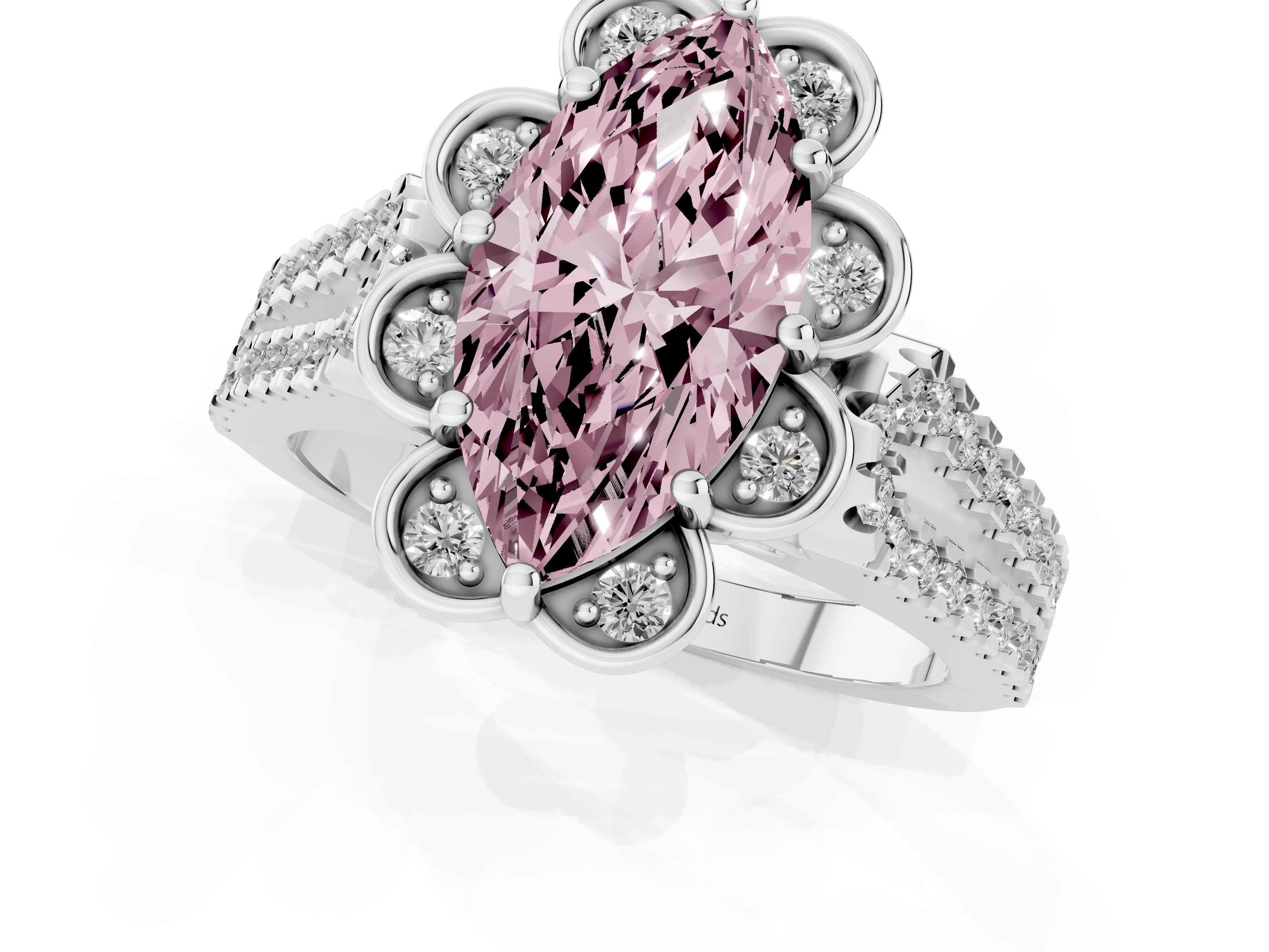 Fancy Pink Marquise Cut Diamond Floral Halo Split Shank Engagement Ring Set in Platinum with Pavé Shank
