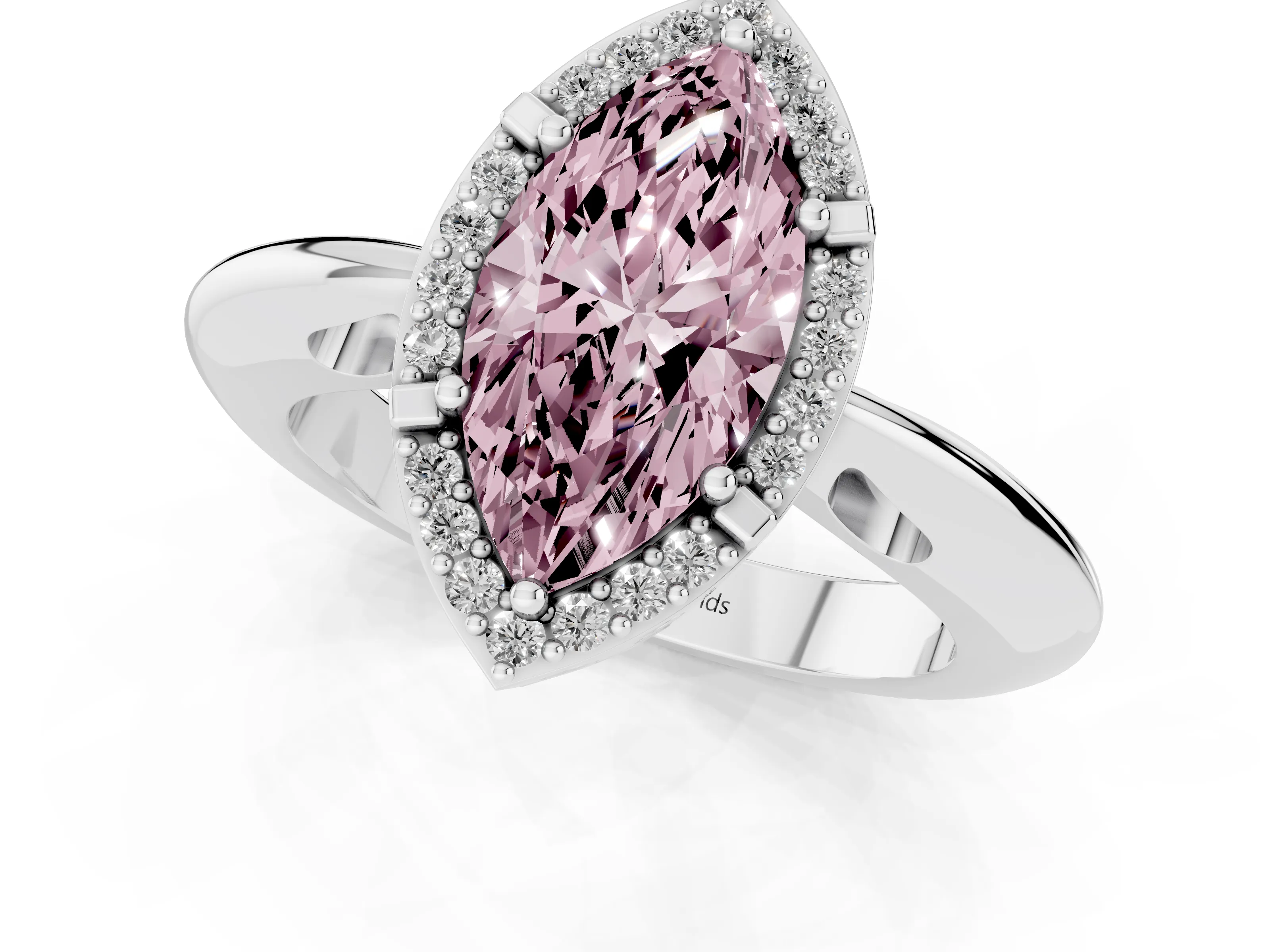 Fancy Pink Marquise Cut Diamond Halo Engagement Ring Set in White gold with Plain Split Shank and Prong Setting
