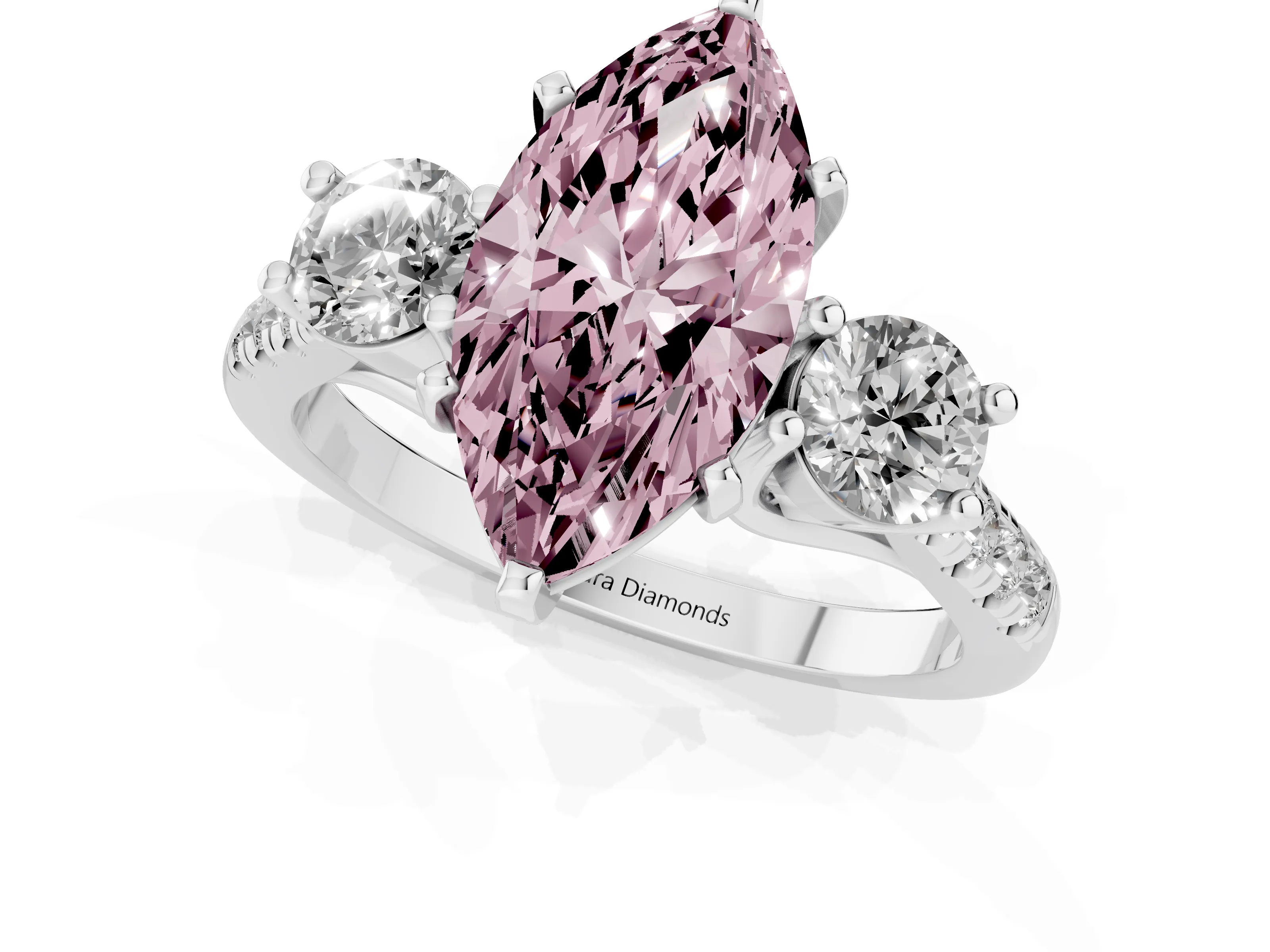 Fancy Pink Three-Stone Marquise Cut Diamond Pavé Band Ring Set in Platinum with Prong-Set Trio