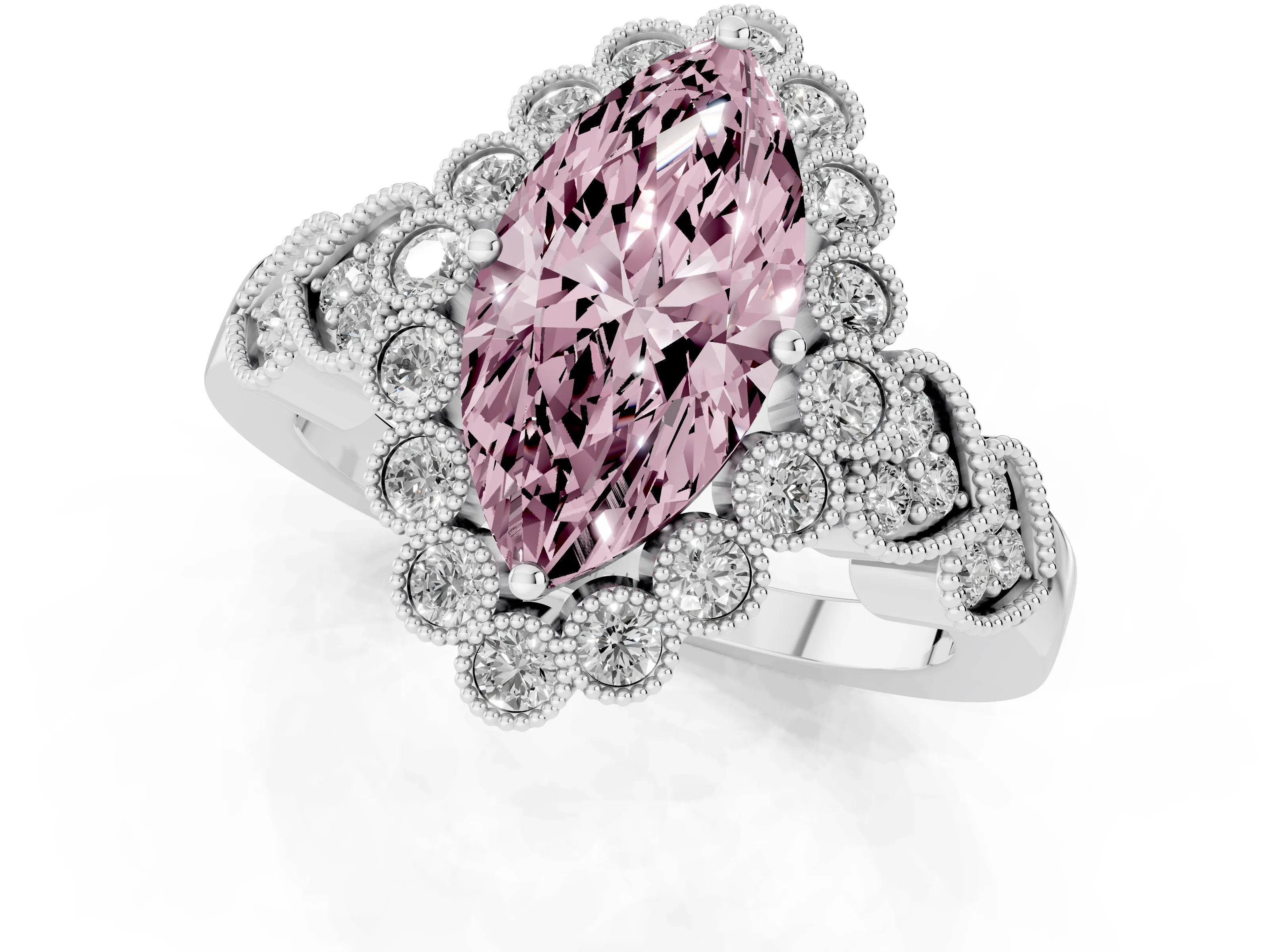 Fancy Pink Marquise Cut Diamond Solitaire Ring Set in Platinum with Milgrain Pavé Heart Band