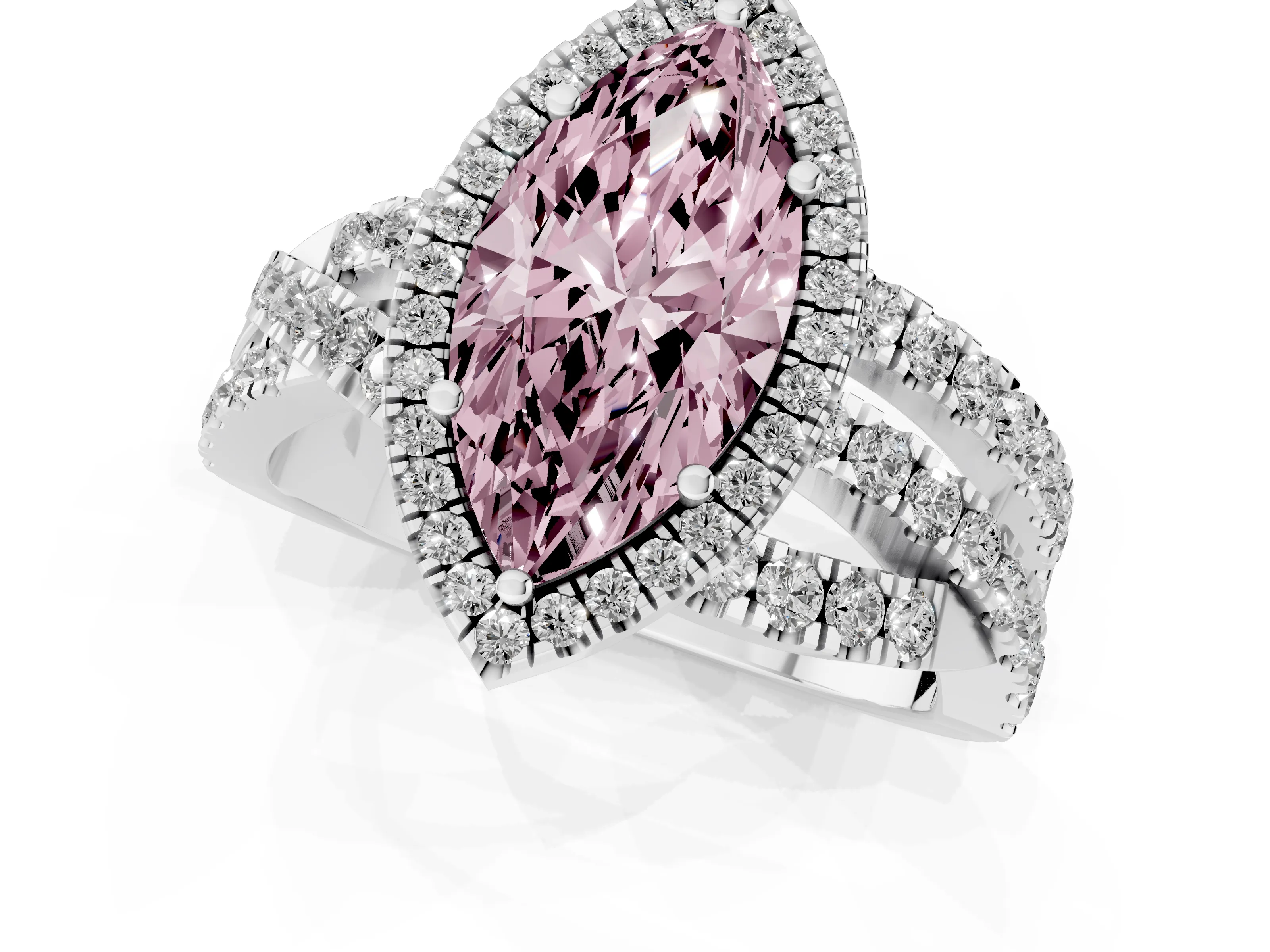 Fancy Pink Marquise Cut Diamond Halo Ring Set in White gold with Round Crossover Split Shank and Prong Setting