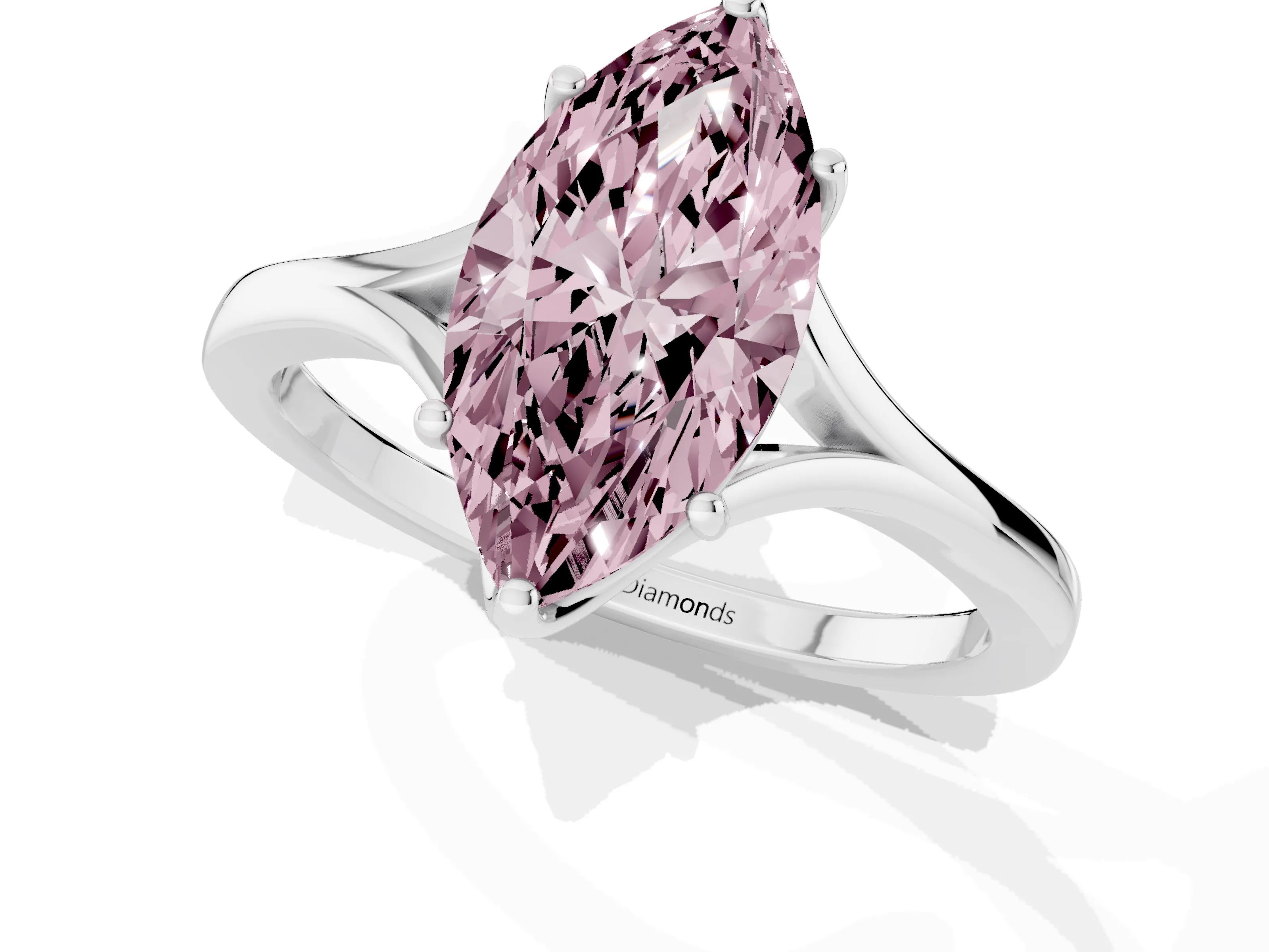 Fancy Pink Marquise Cut Diamond Solitaire Ring Set in Platinum with Polished Tapered Band and Prong Setting