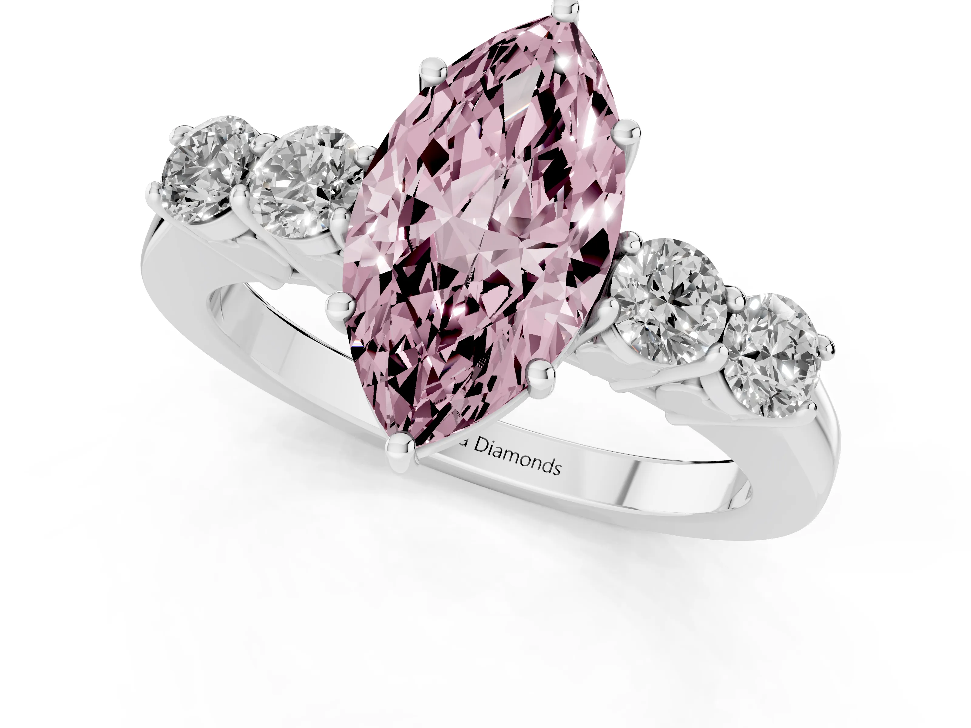 Fancy Pink Marquise Cut Diamond Five-Stone Prong Set Band Ring Set in White gold with Polished Band