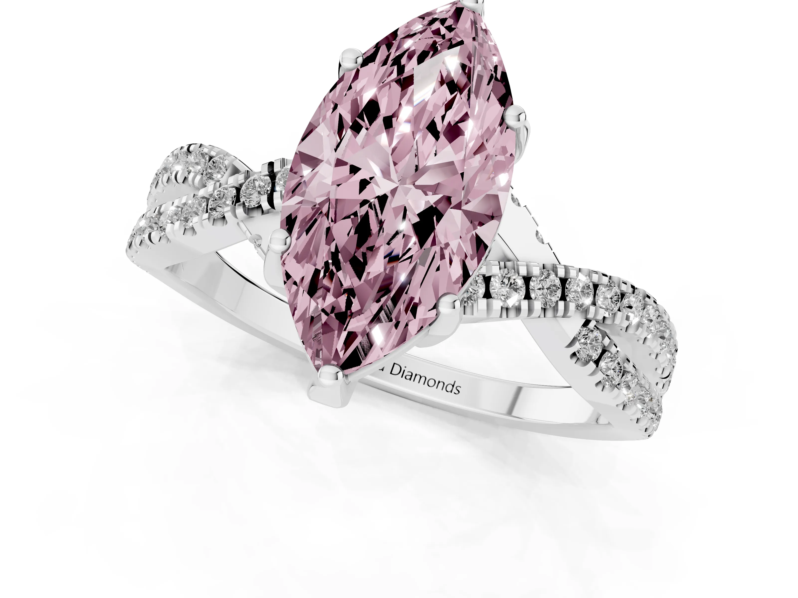 Fancy Pink Marquise Cut Diamond Twist Pavé Solitaire Engagement Ring Set in White gold with Prong Setting