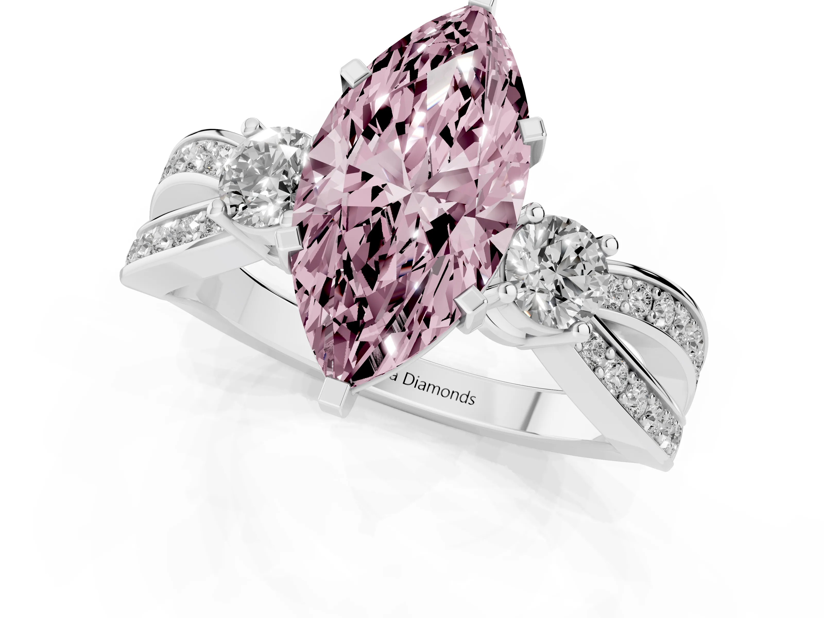 Fancy Pink Three-Stone Marquise Cut Diamond Twist Band Ring Set in White gold with Pavé Accents and Prong Setting