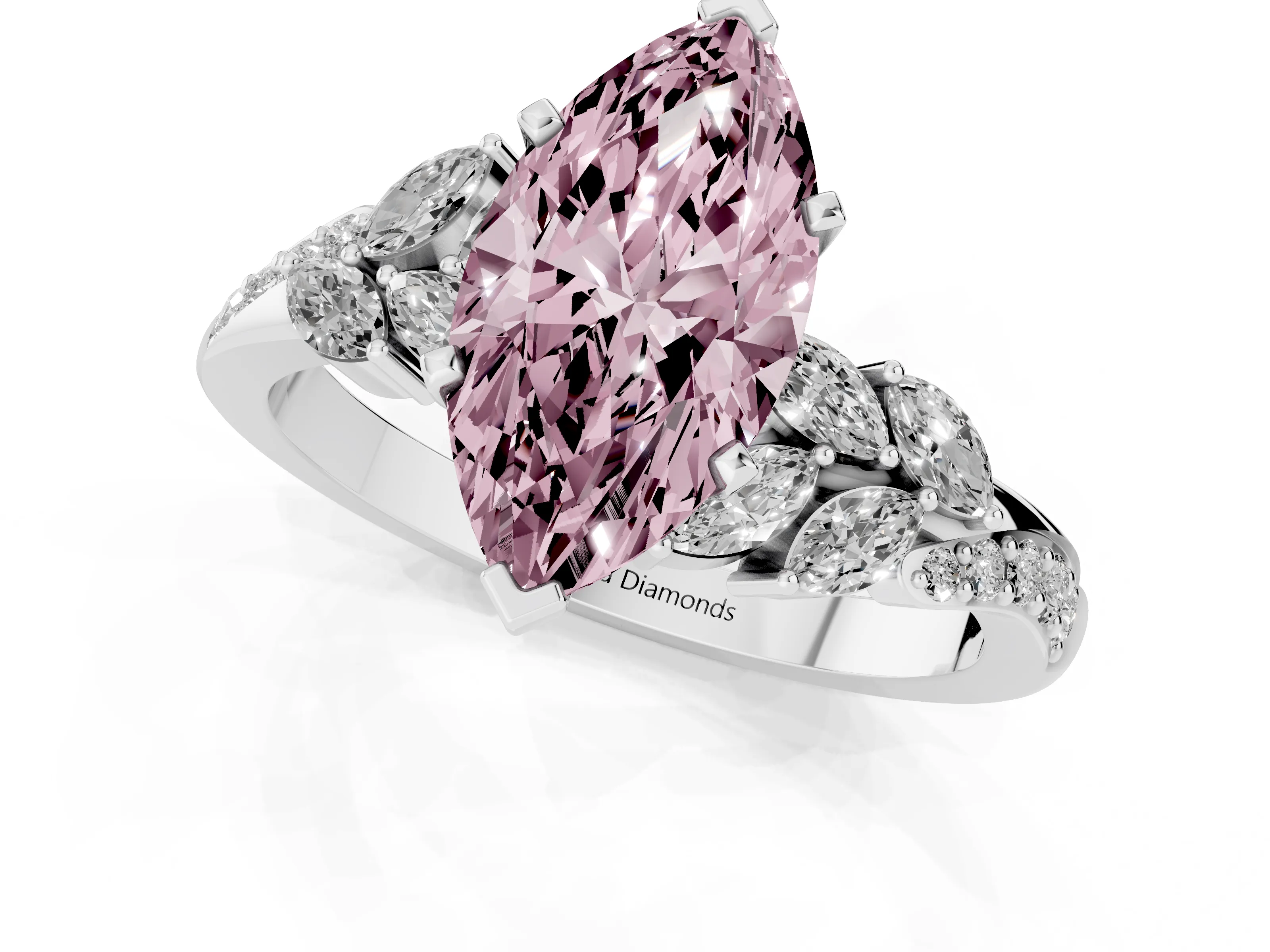 Fancy Pink Marquise Cut Diamond Solitaire Ring Set in White gold with Marquise Twist Band and Prong Setting