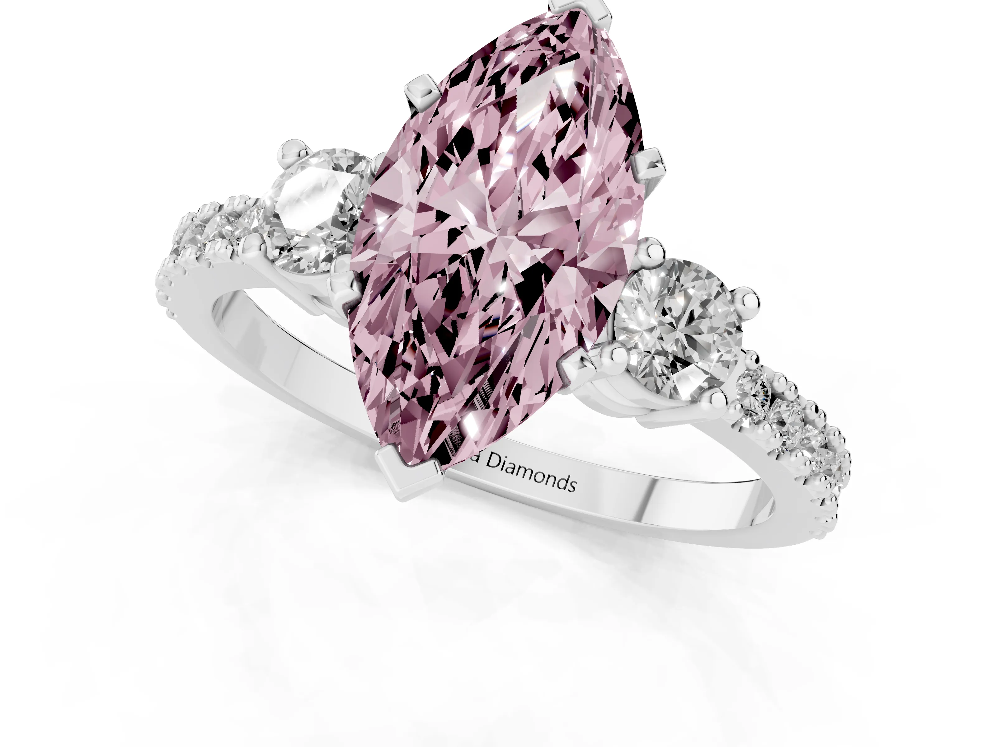 Fancy Pink Three-Stone Marquise Cut Diamond Pavé Band Ring Set in White gold with Prong Setting