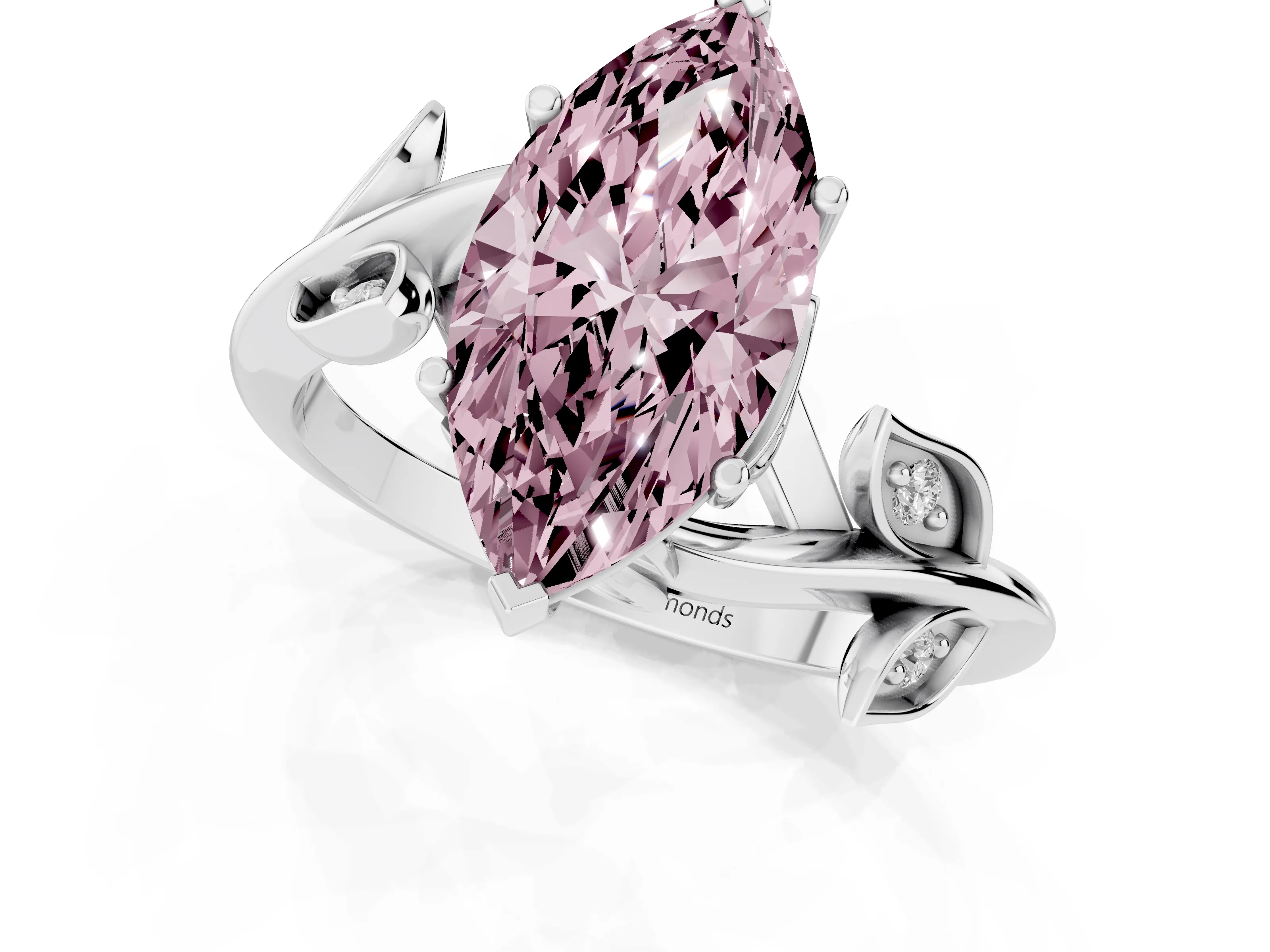 Fancy Pink Marquise Cut Diamond Solitaire Twist Engagement Ring Set in White gold with Pavé Leaf Accents