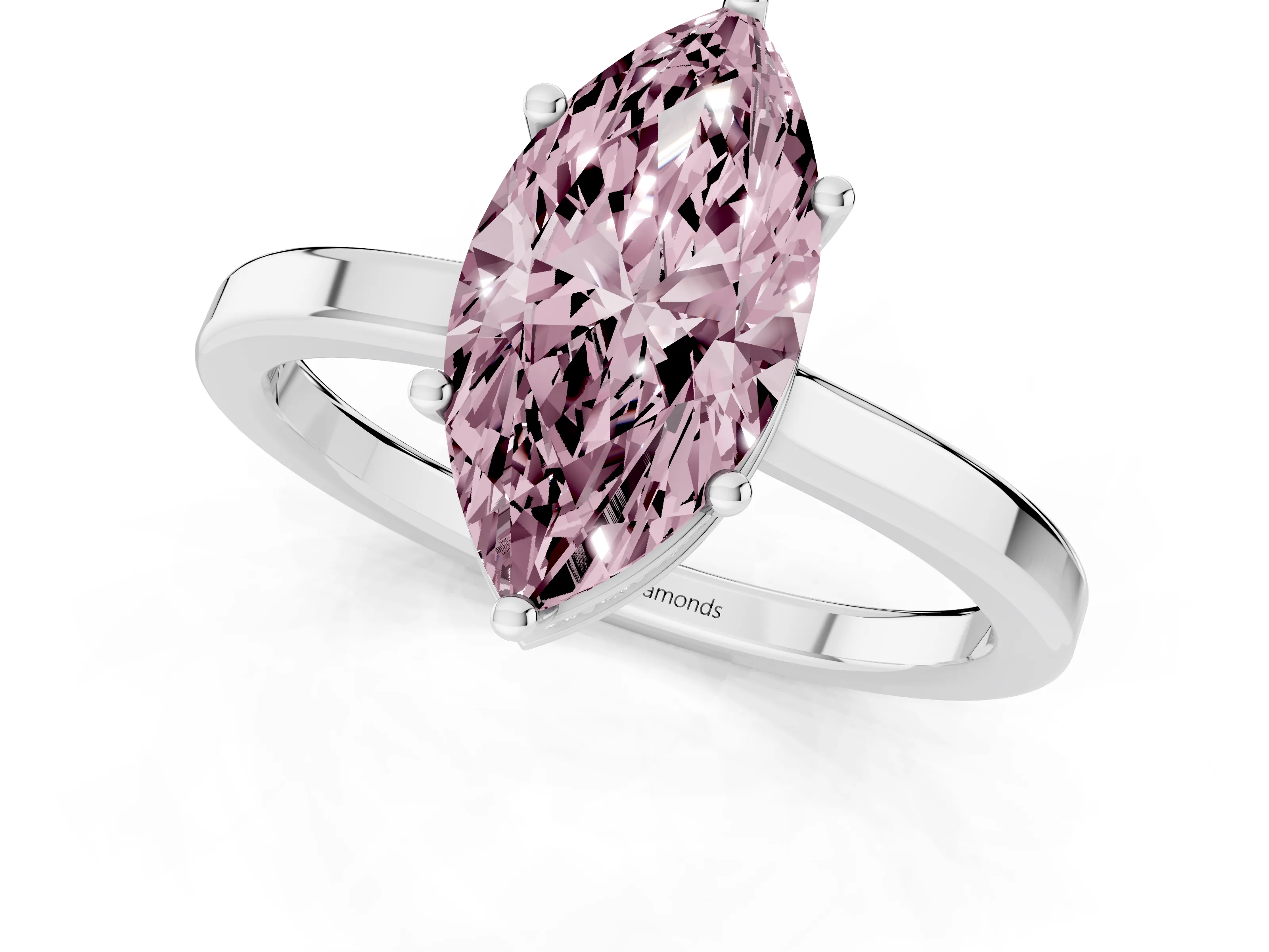 Fancy Pink Marquise Cut Diamond Solitaire Engagement Ring Set in White gold with Prong Setting on a Plain Band