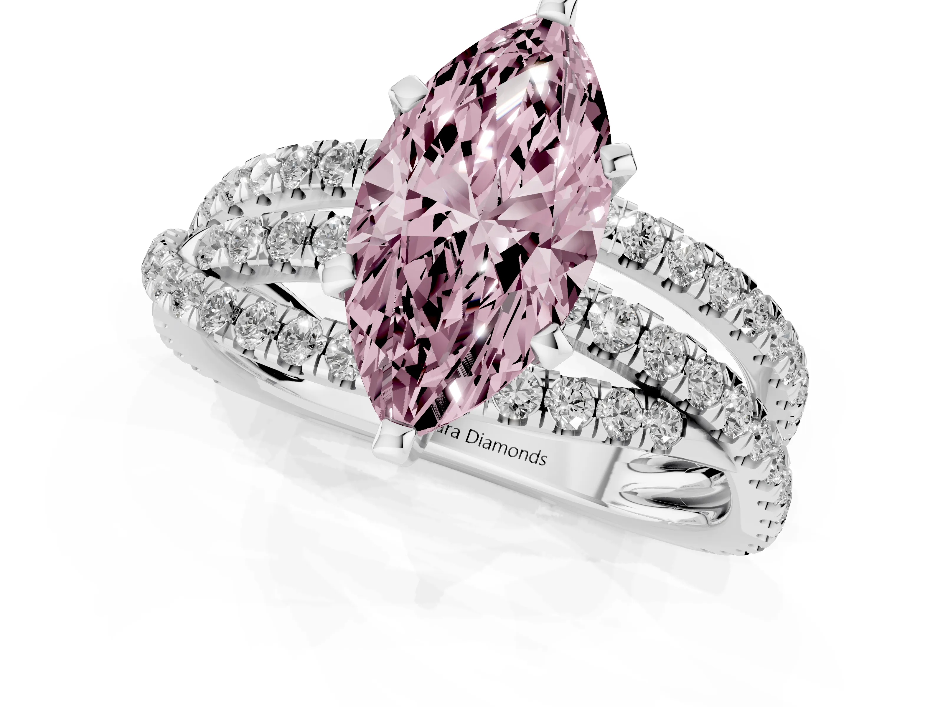 Fancy Pink Marquise Cut Diamond Solitaire Twist Band Ring Set in Silver with Pavé Setting and Prong Head