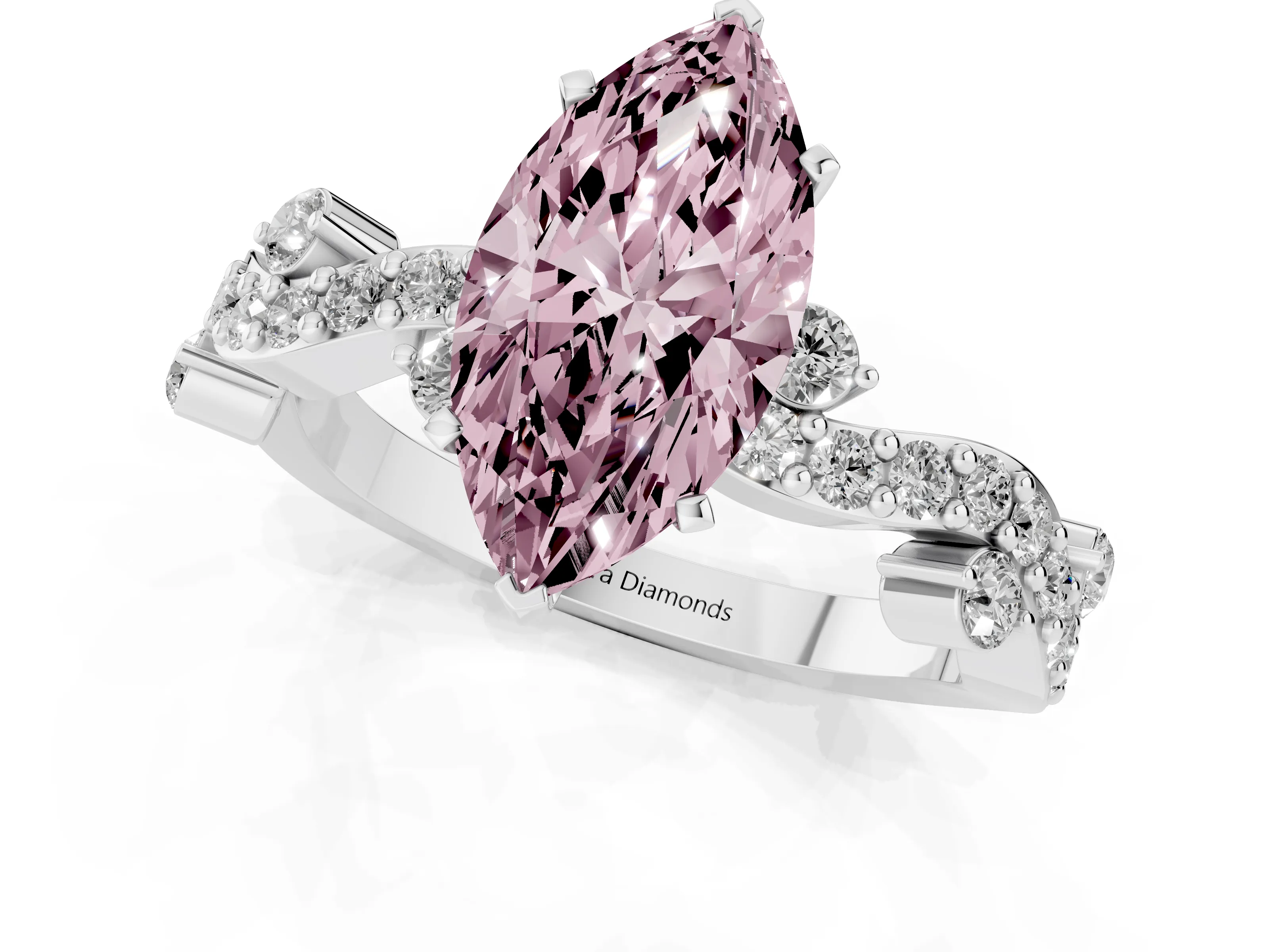 Fancy Pink Marquise Cut Diamond Solitaire Twisted Band Set in Platinum with Pavé Setting
