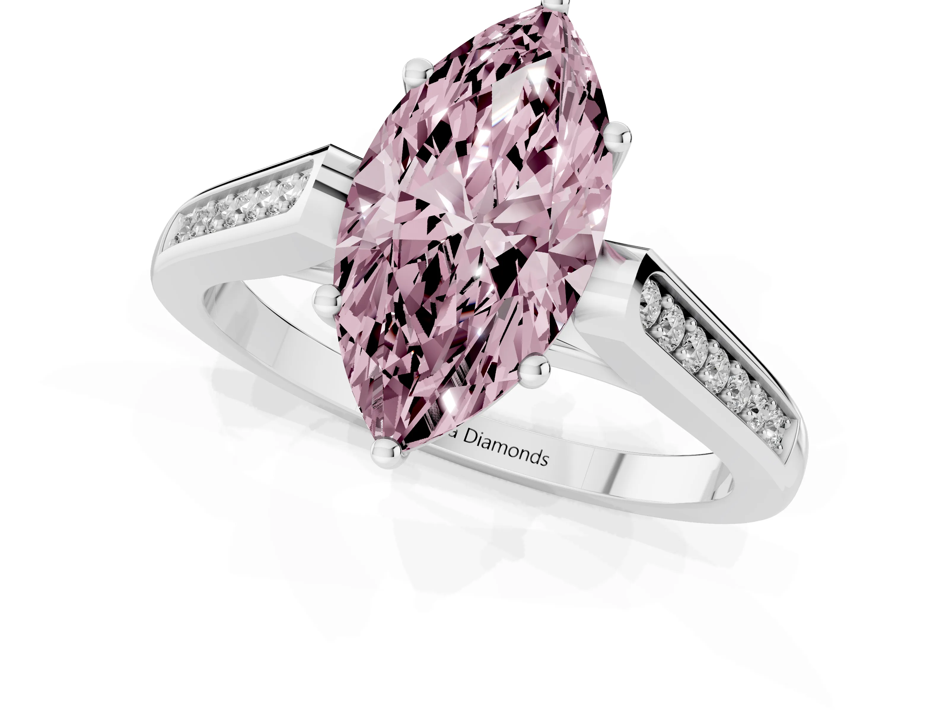 Fancy Pink Marquise Cut Diamond Solitaire Cathedral Engagement Ring Set in White gold with Channel-Set Band and Prong Setting