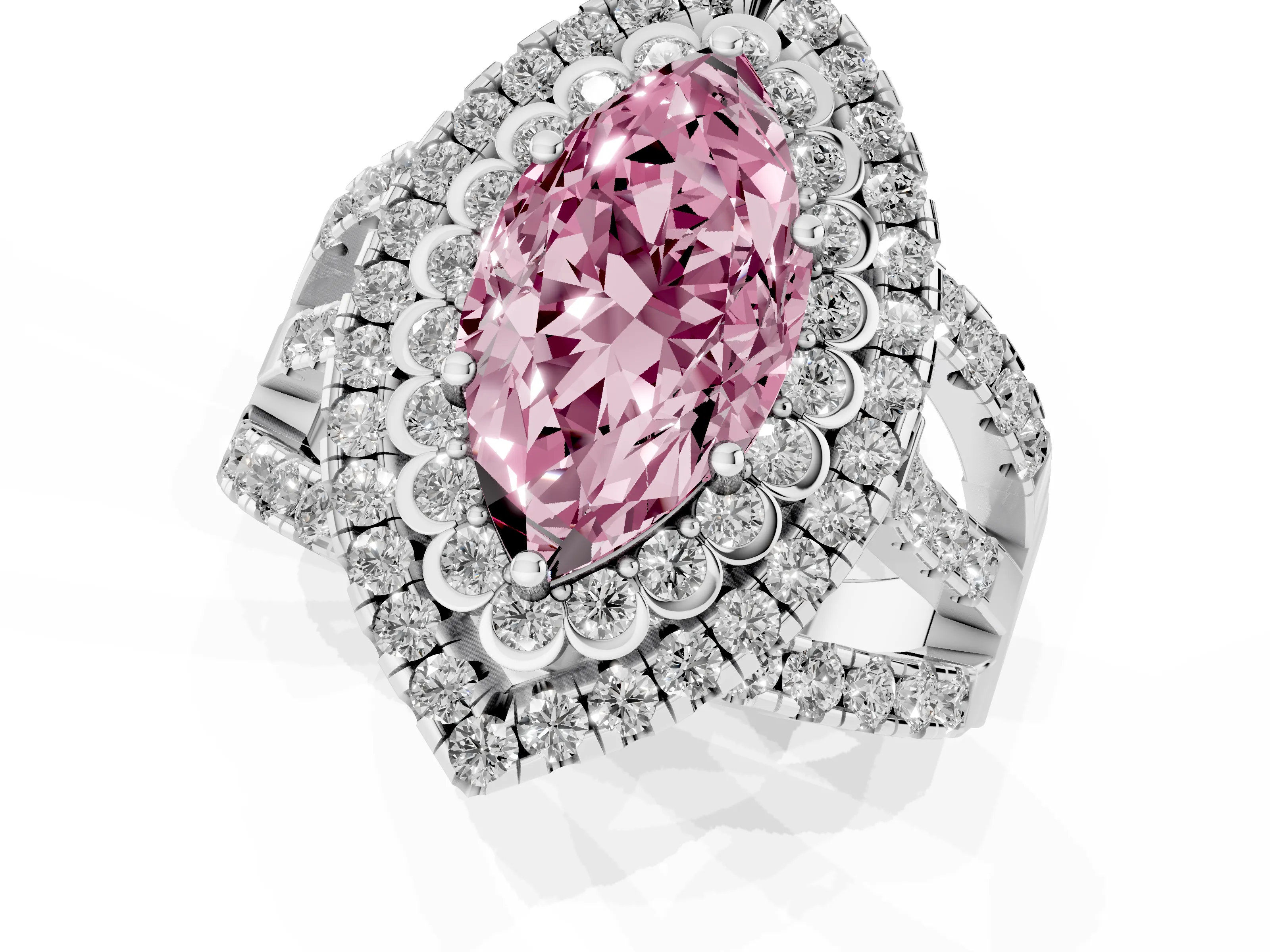 Fancy Pink Marquise Cut Diamond Double Halo Ring Set in White gold with Round Pavé Split Shank