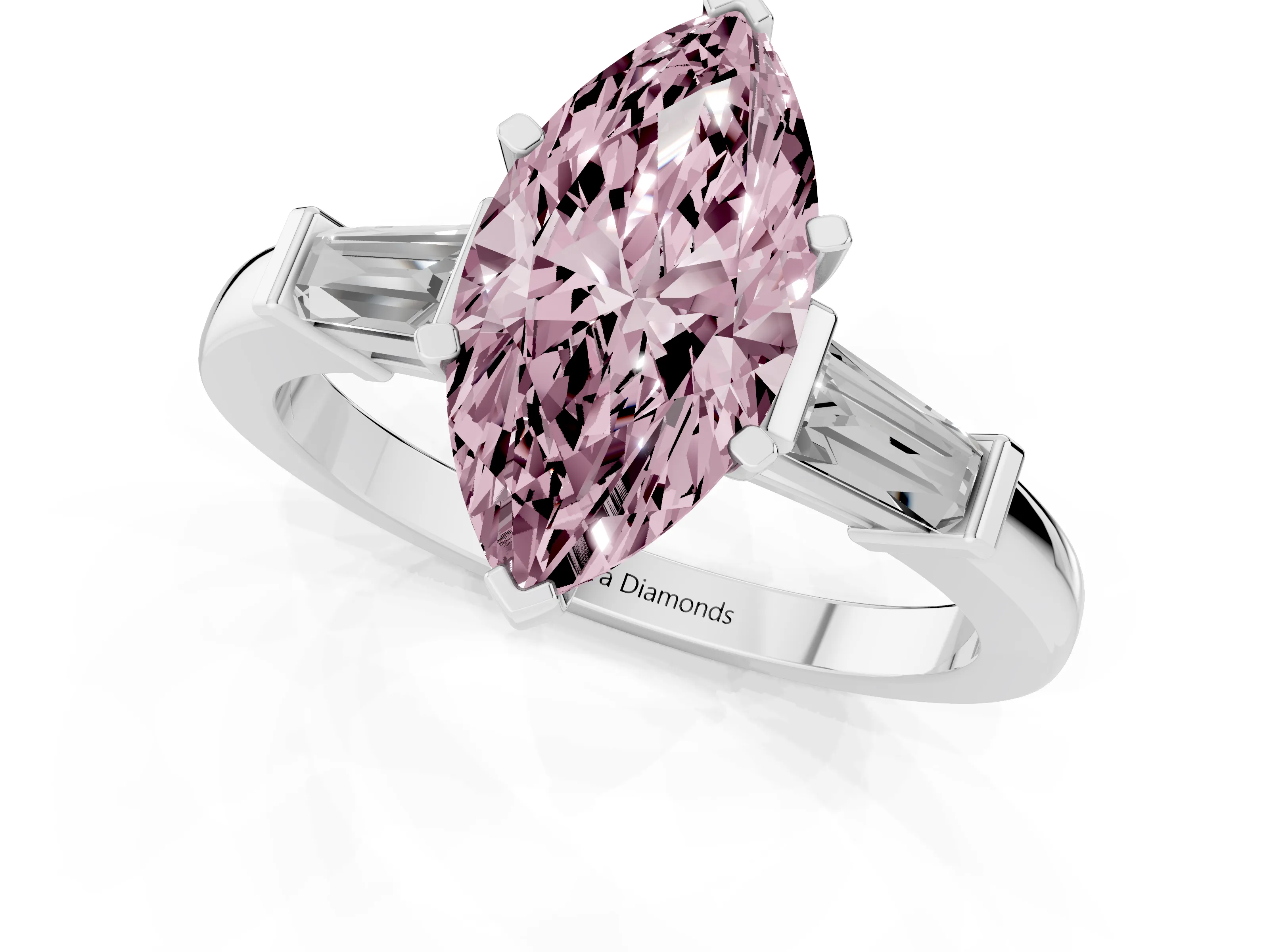 Fancy Pink Marquise Cut Diamond Solitaire Ring Set in White gold with Tapered Baguette Accents and Prong Setting