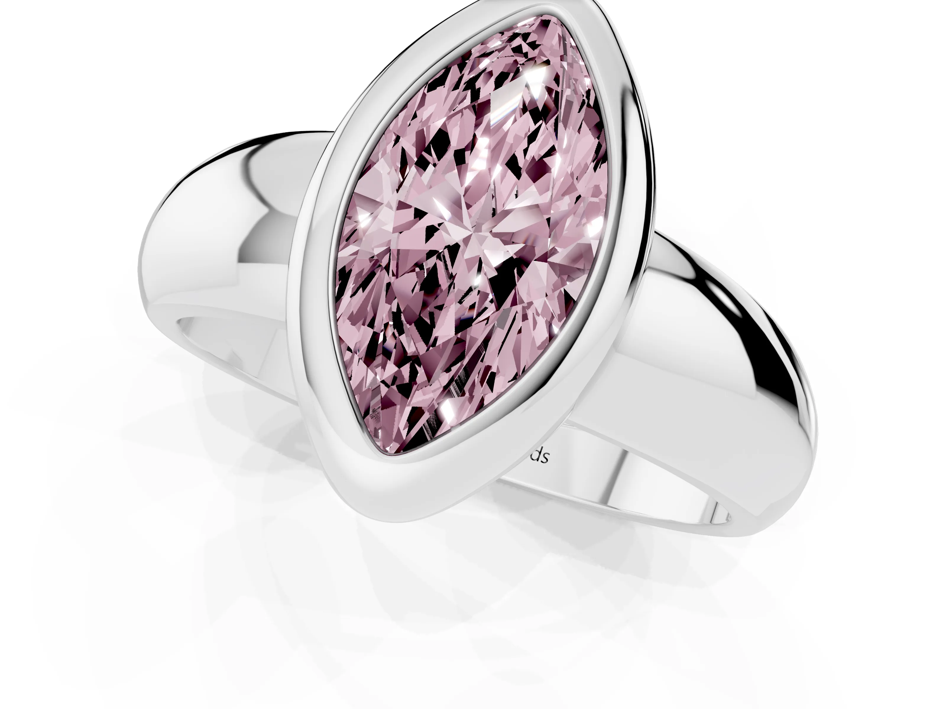 Fancy Pink Bezel Set Marquise Cut Diamond Solitaire Ring Set in Platinum with Wide Band