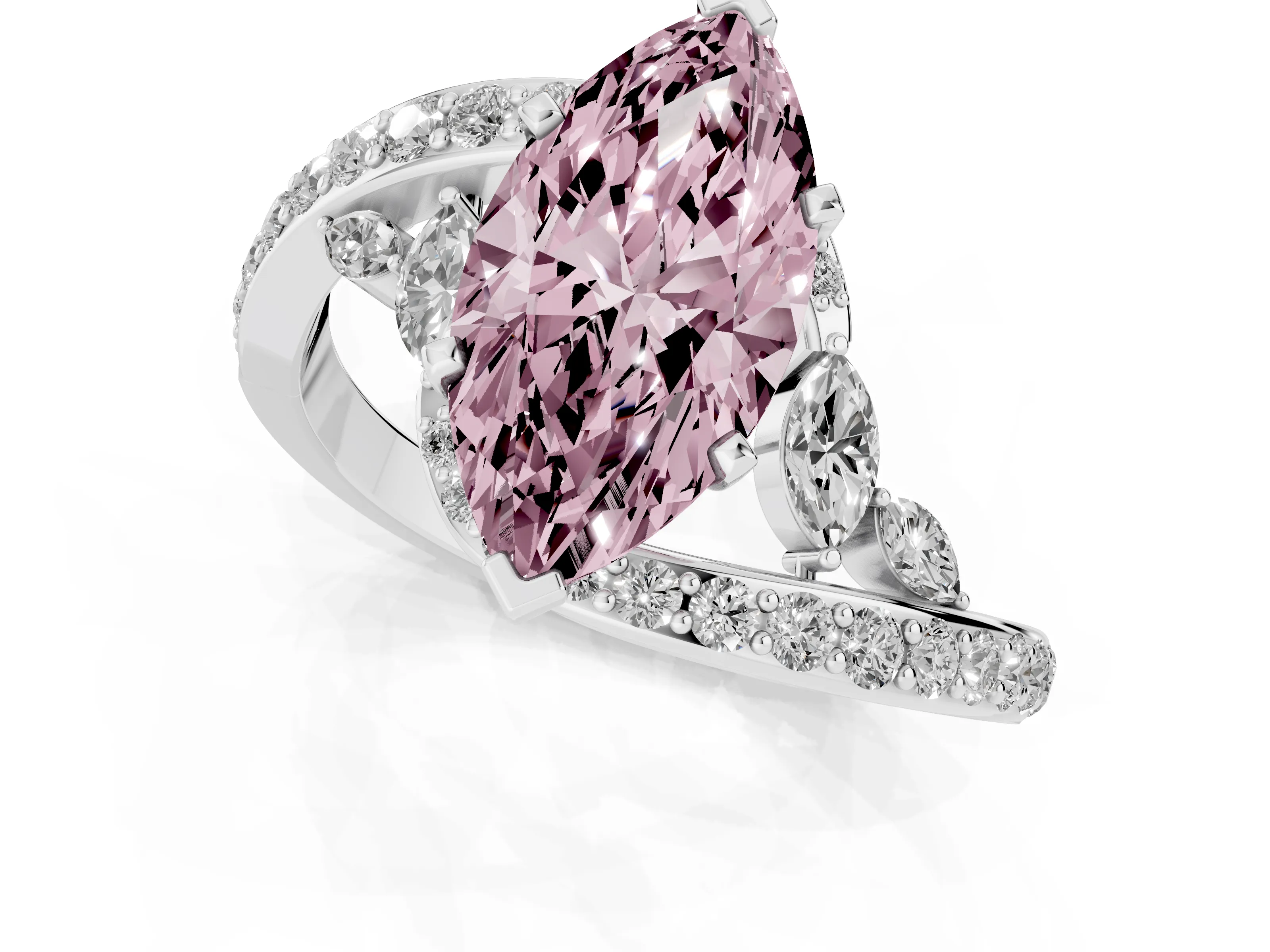 Fancy Pink Marquise Cut Diamond Solitaire Ring Set in Silver with Pavé Twist Band and Secure Prong Setting