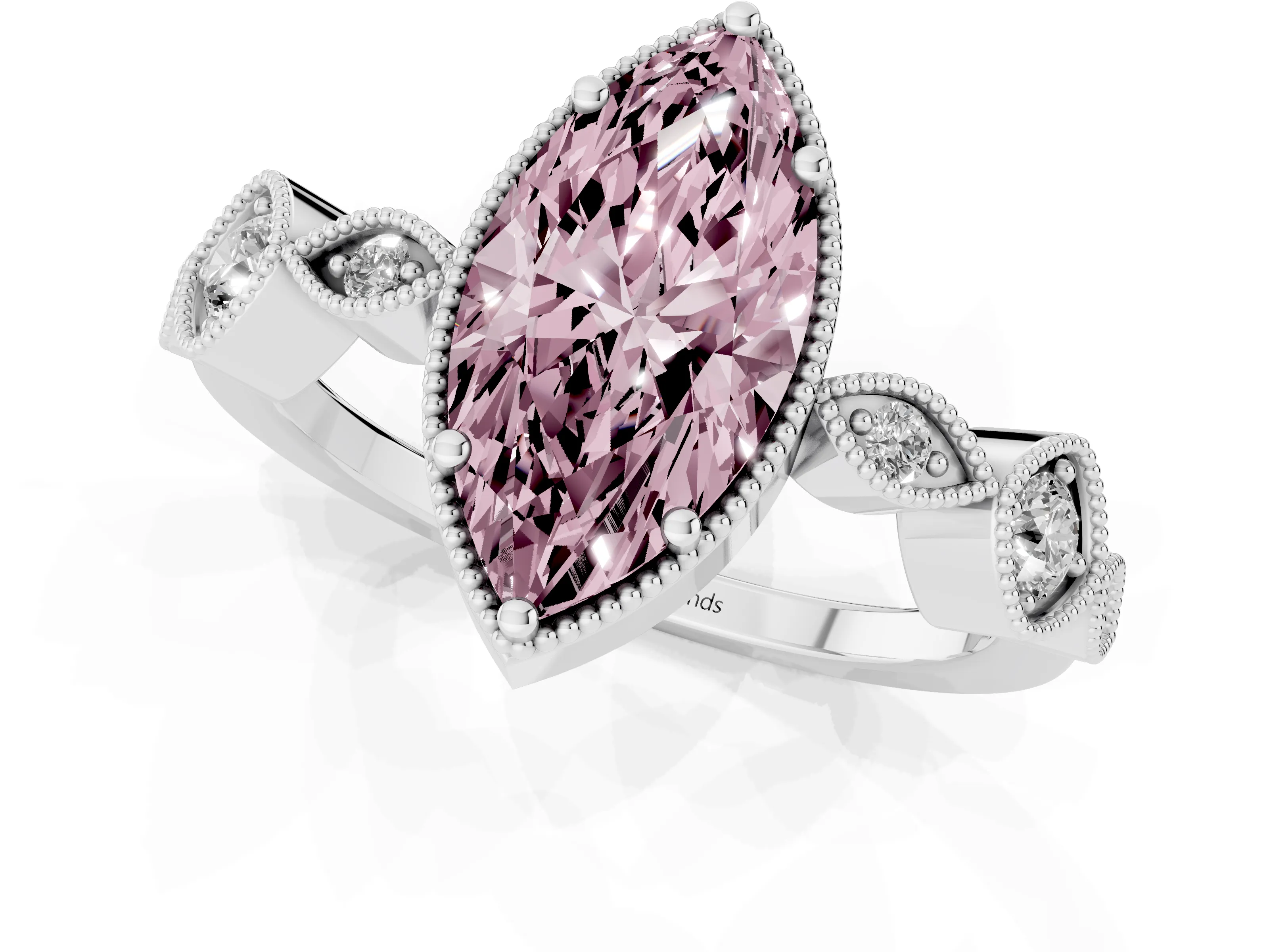 Fancy Pink Marquise Cut Diamond Vintage-Inspired Milgrain Ring Set in White gold with Marquise Stations of Round Accents