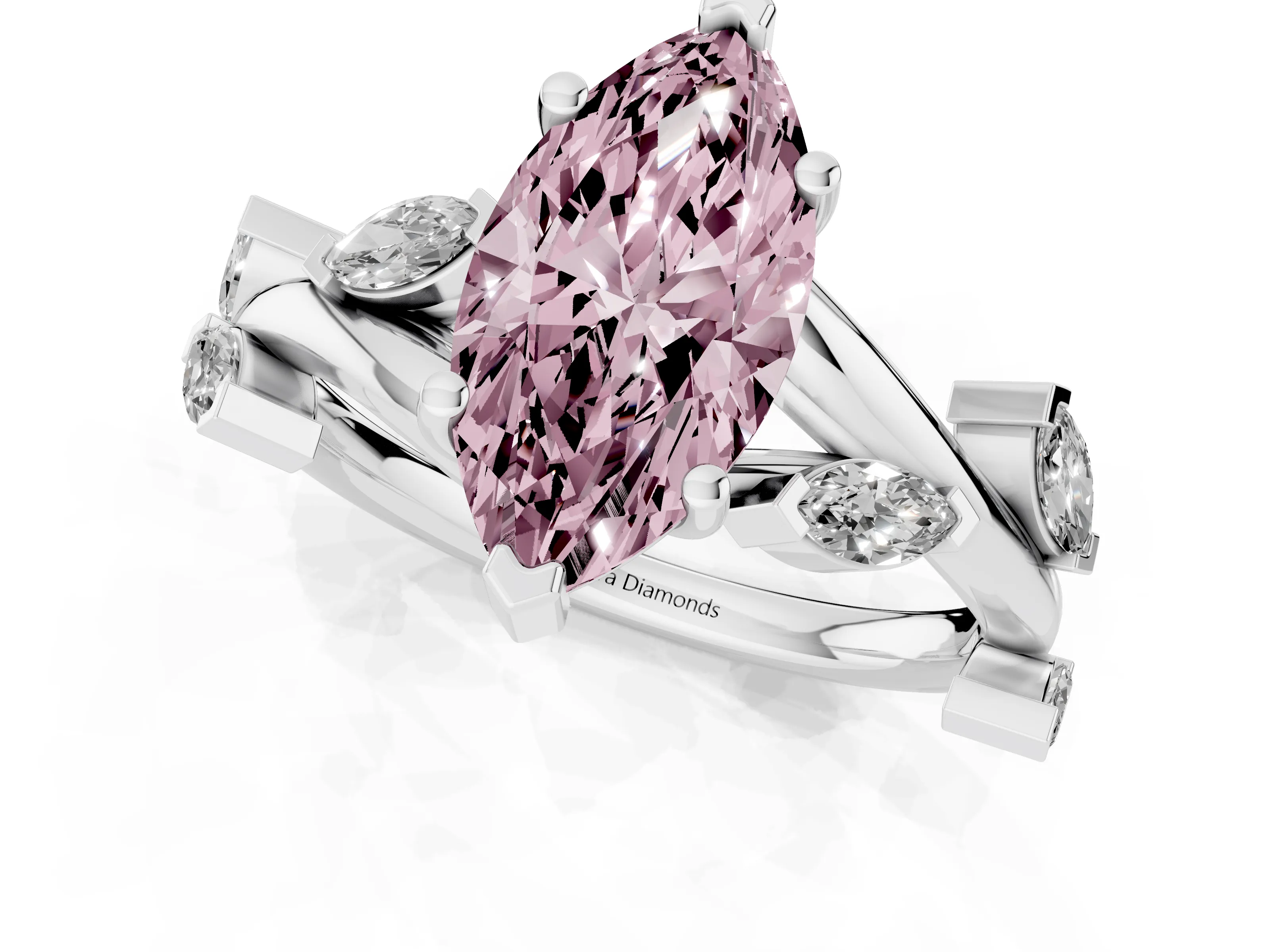 Fancy Pink Marquise Cut Diamond Solitaire Ring Set in White gold with Twisted Marquise Accent Band