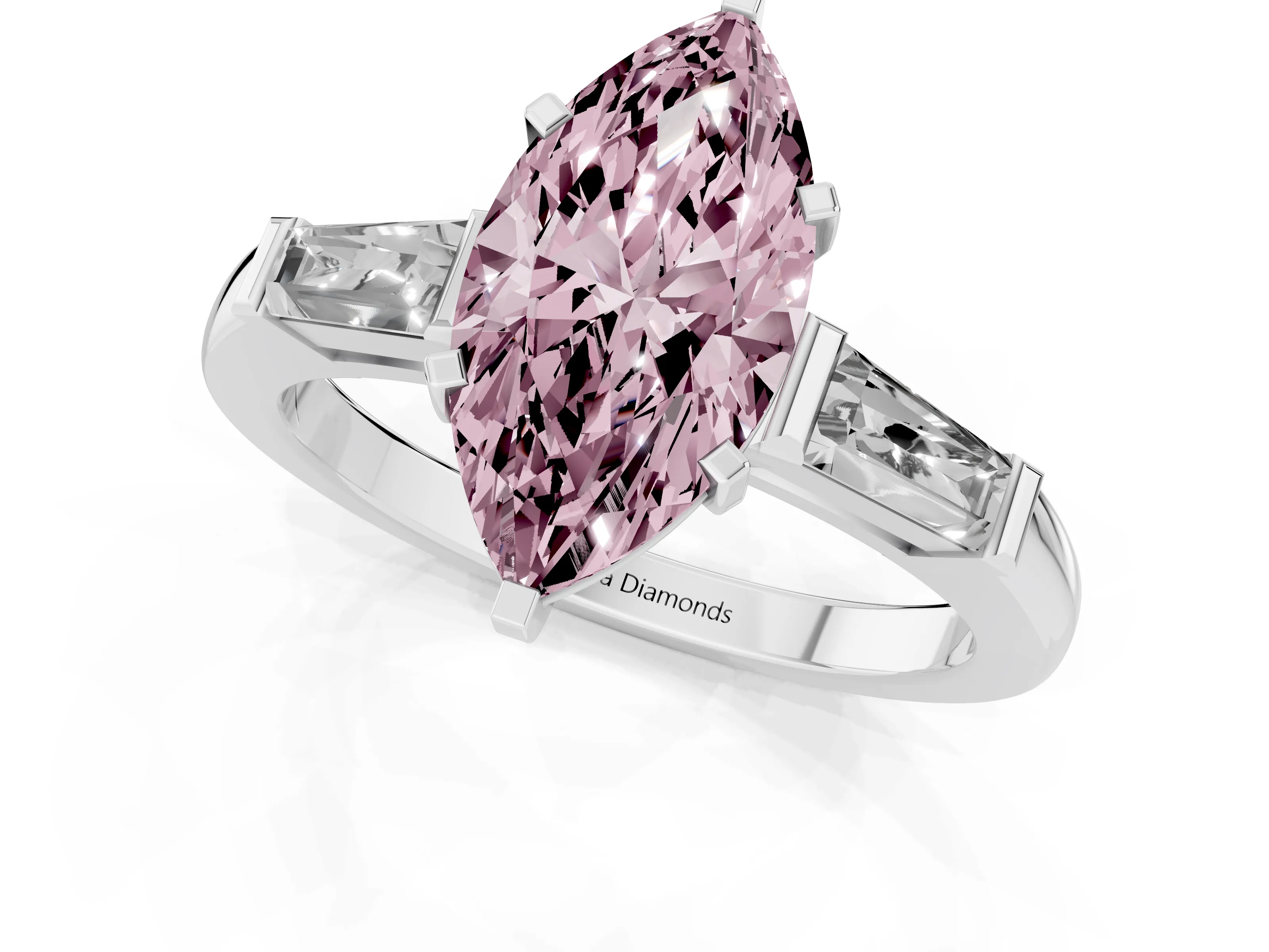 Fancy Pink Marquise Cut Diamond Solitaire Ring Set in White gold with Tapered Baguette Side Stones and Prong Setting