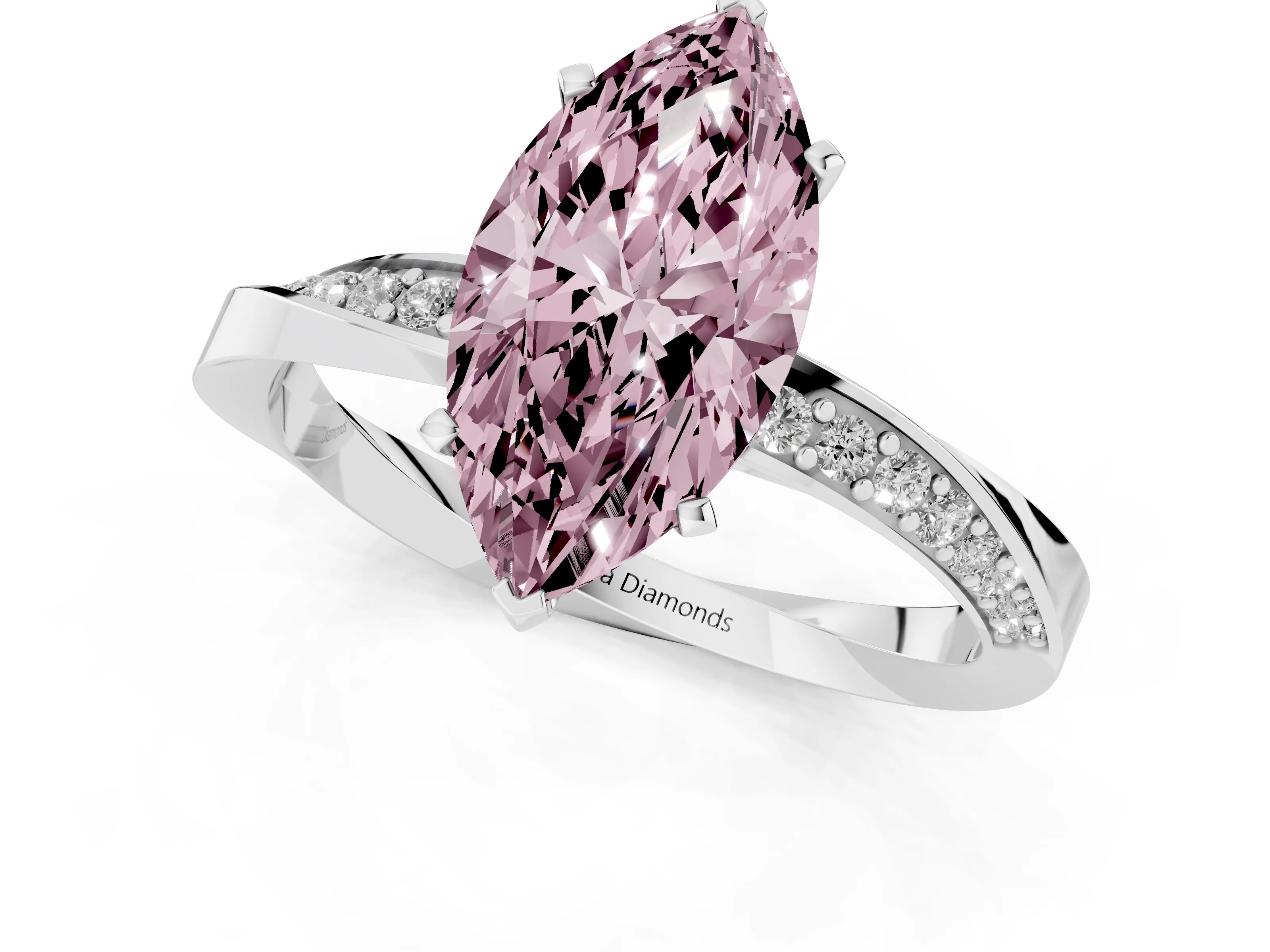 Fancy Pink Marquise Cut Diamond Engagement Ring Set in Platinum with Side Stone Accents and Prong Setting – second view