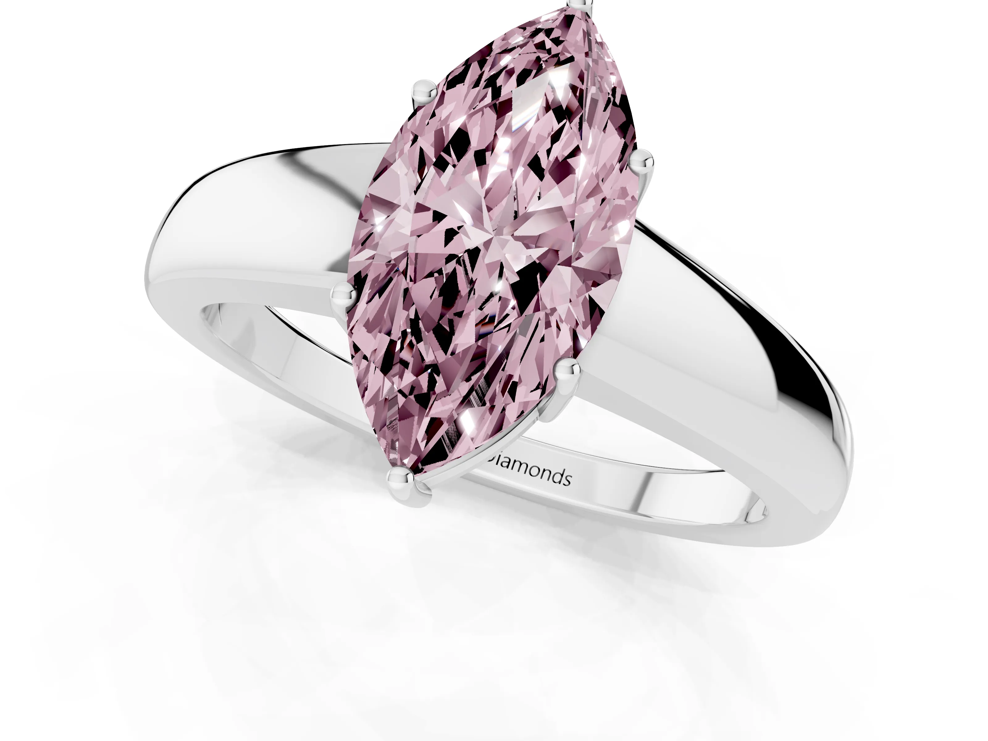 Fancy Pink Marquise Cut Diamond Solitaire Ring Set in Silver with Tapered Band and Prong Setting