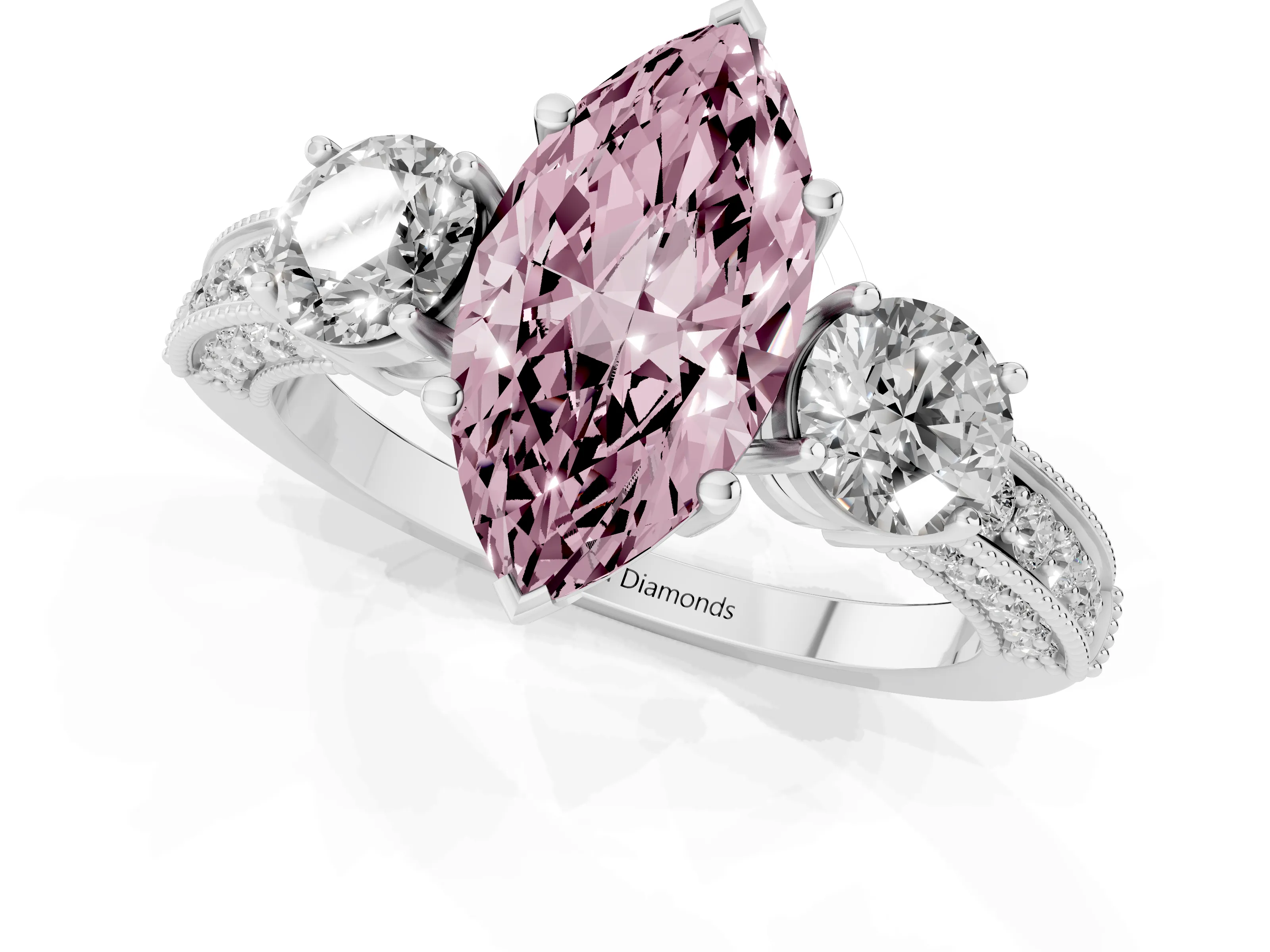 Fancy Pink Marquise Cut Diamond Three-Stone Ring Set in Silver with Round Side Stones and Pavé Band