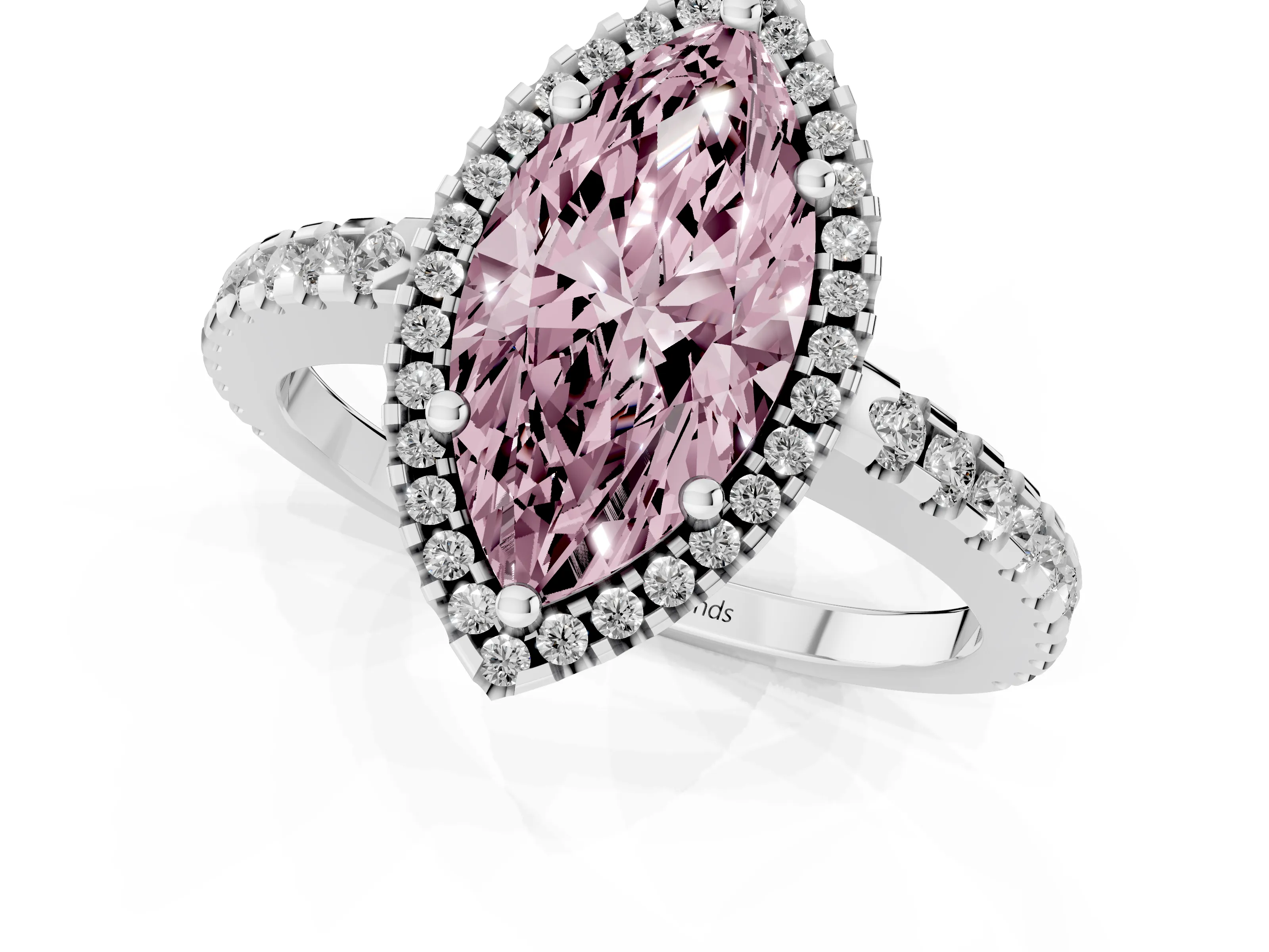 Fancy Pink Marquise Cut Diamond Halo Ring Set in White gold with Pavé Shoulders and Halo-Framed Center