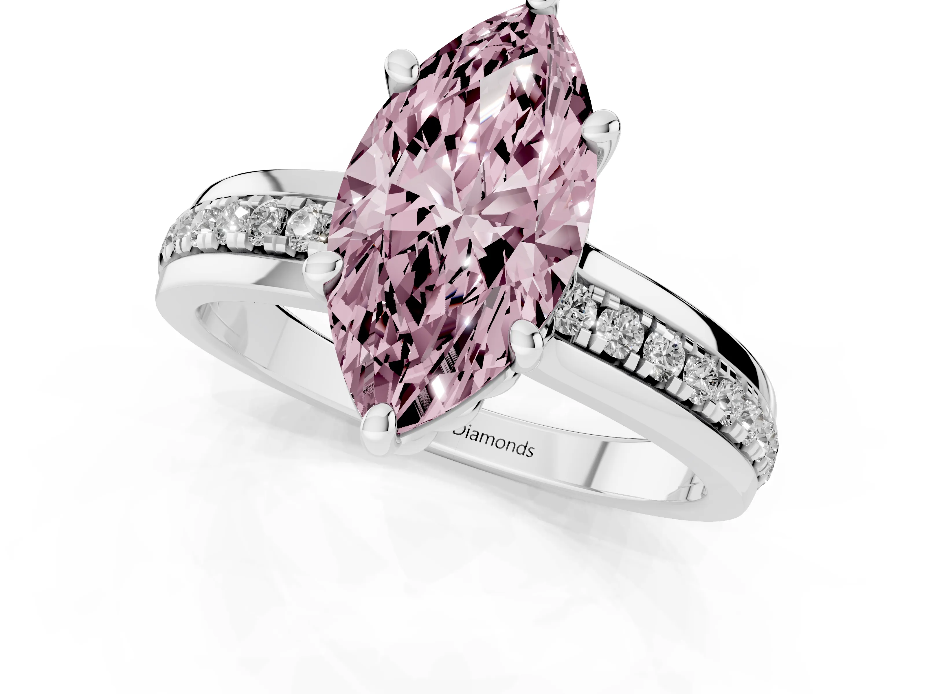 Fancy Pink Marquise Cut Diamond Solitaire Ring Set in Platinum with Channel Set Band and Prong Setting