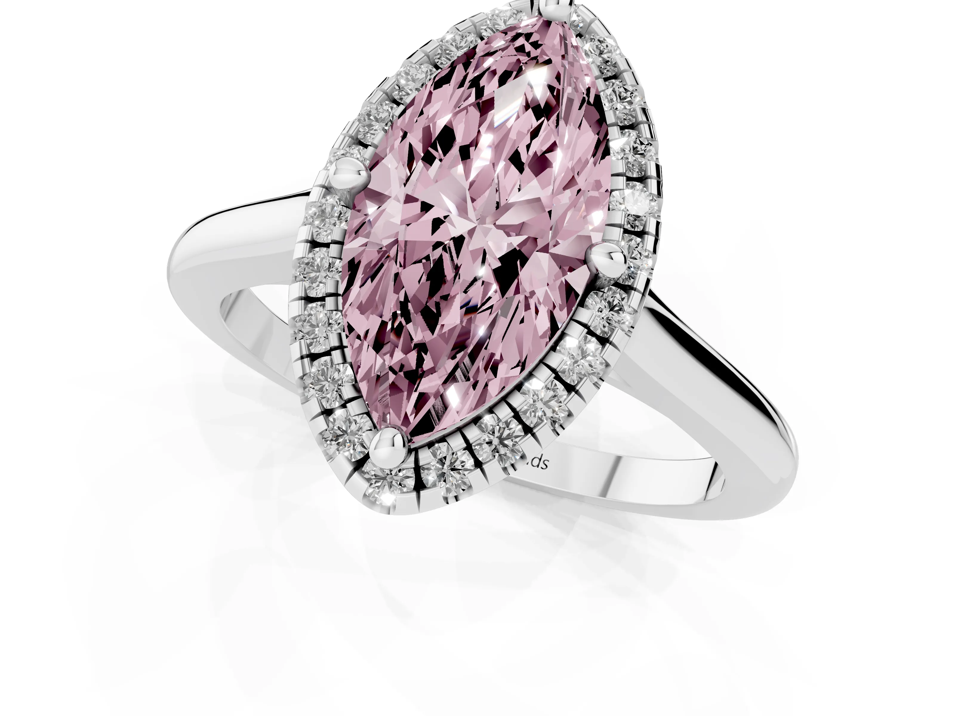 Fancy Pink Marquise Cut Diamond Halo Engagement Ring Set in Platinum with Pavé Band and Rising Shoulders