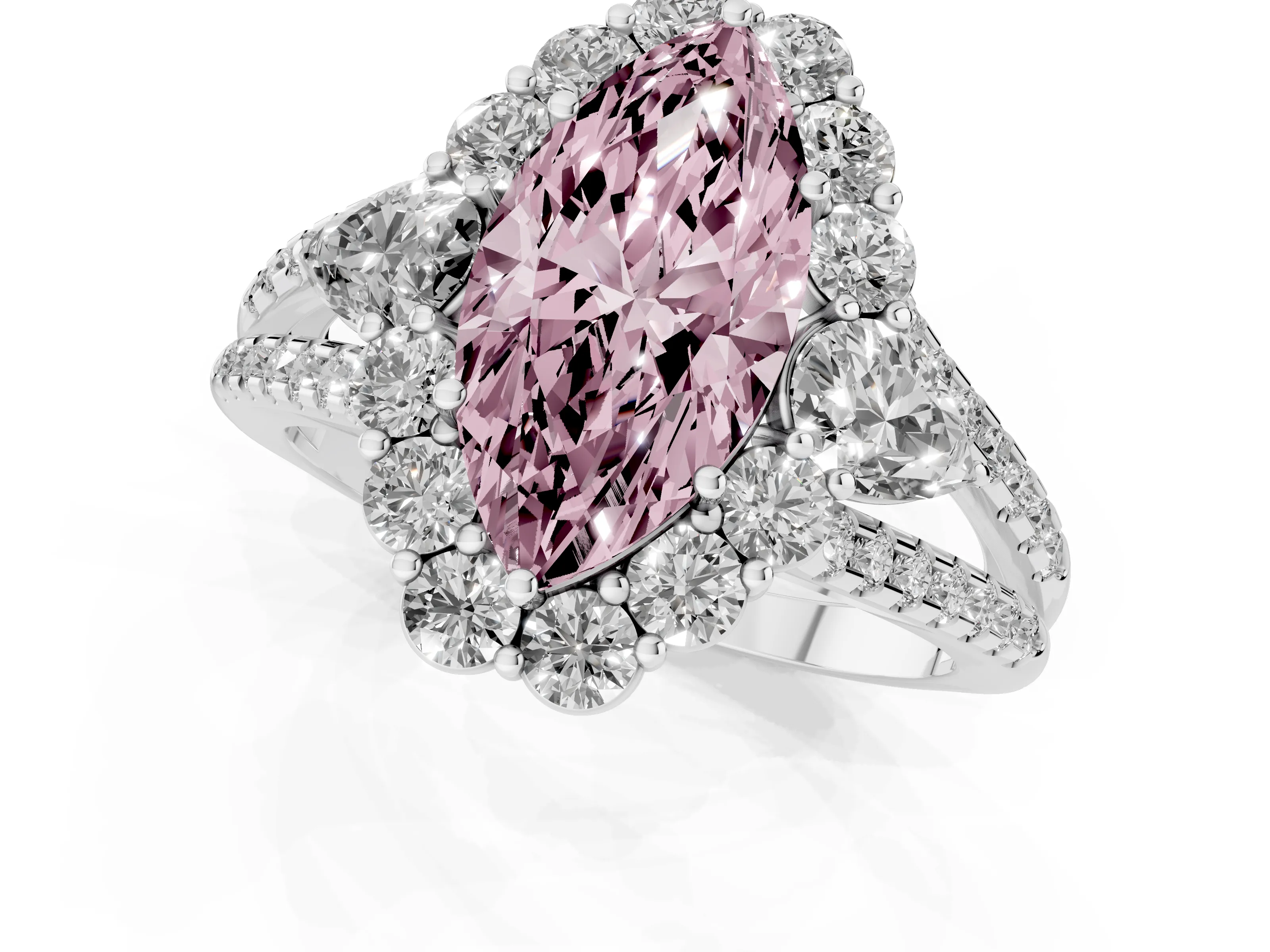 Fancy Pink Marquise Cut Diamond Halo Split Shank Engagement Ring Set in Silver with Prong-Held Center Stone