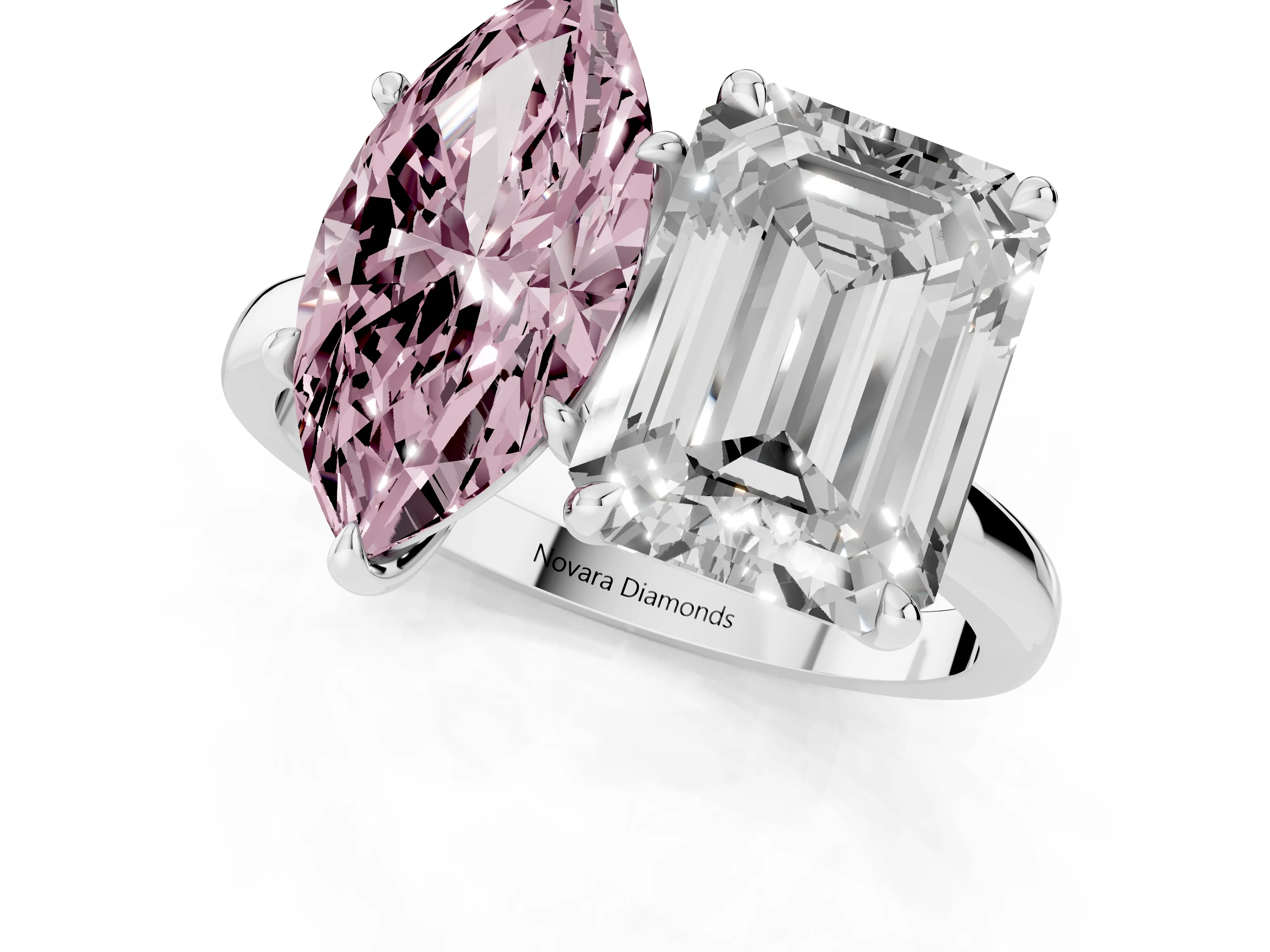 Fancy Pink Marquise Cut and Emerald Cut Toi Moi Ring Set in Platinum with Prong Setting