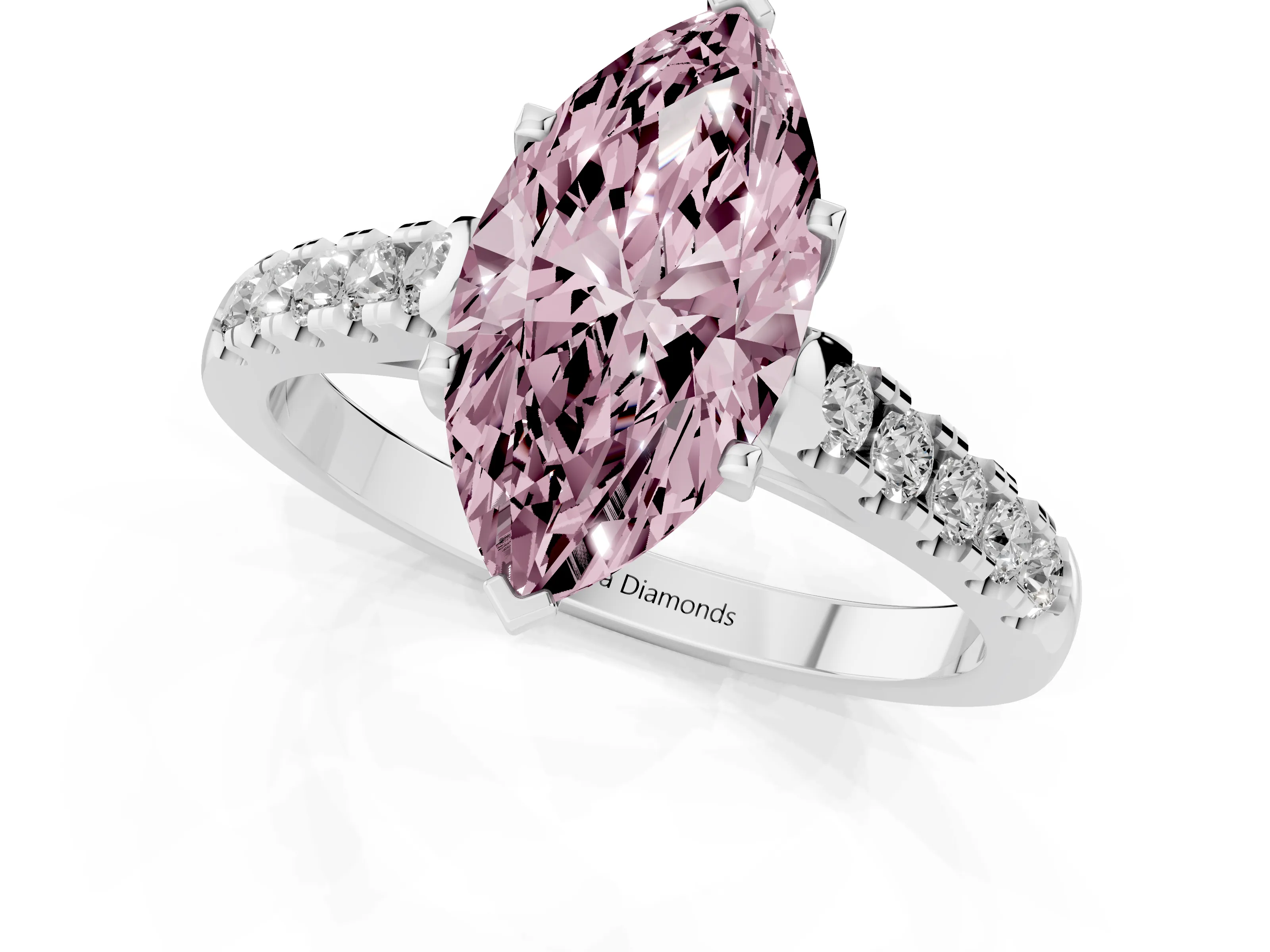 Fancy Pink Marquise Cut Diamond Pavé Band Solitaire Ring Set in White gold with Partway Accent Stones and Prong Setting