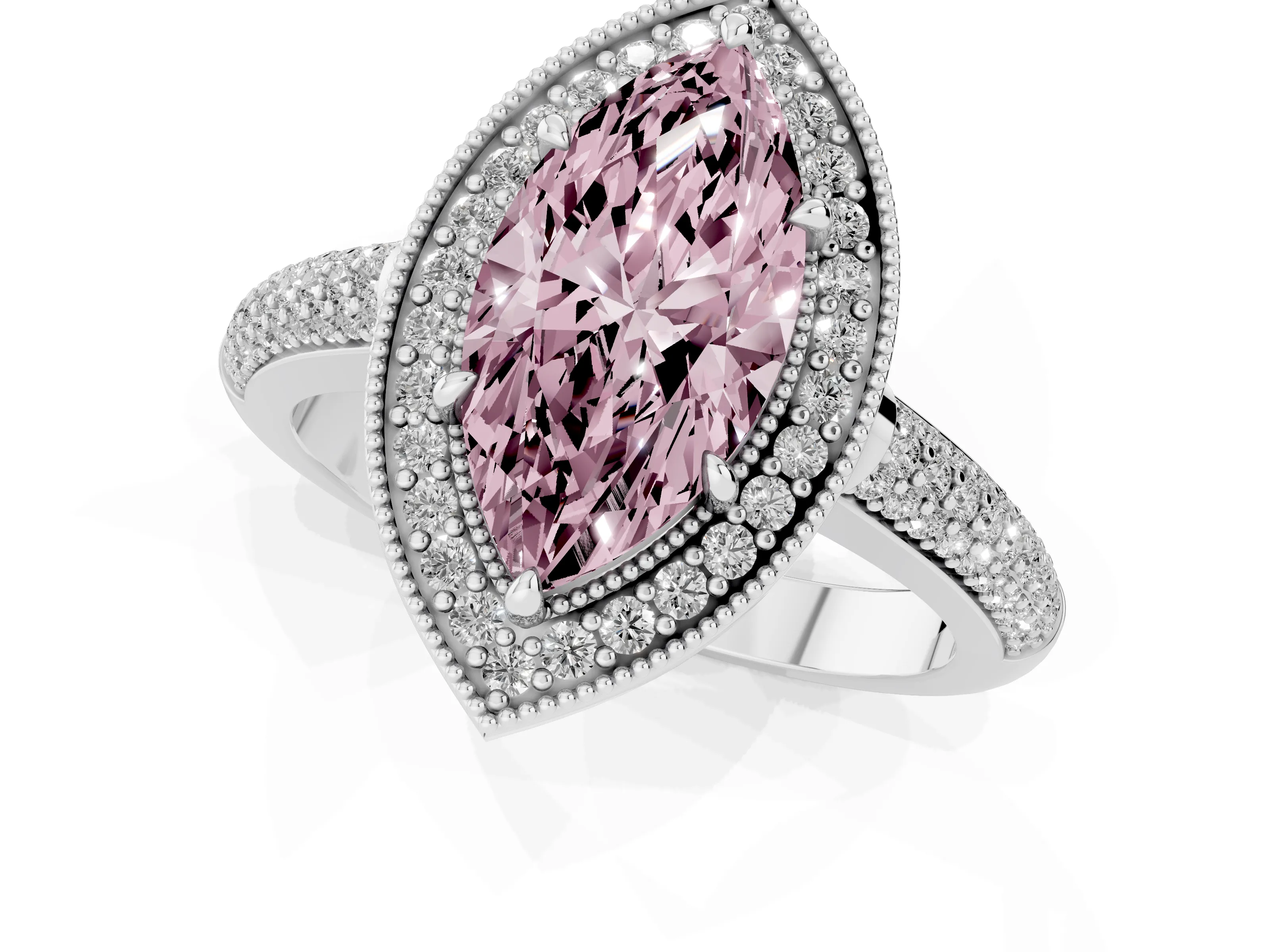 Fancy Pink Marquise Cut Diamond Halo Pavé Band Set in Silver with Prong Setting
