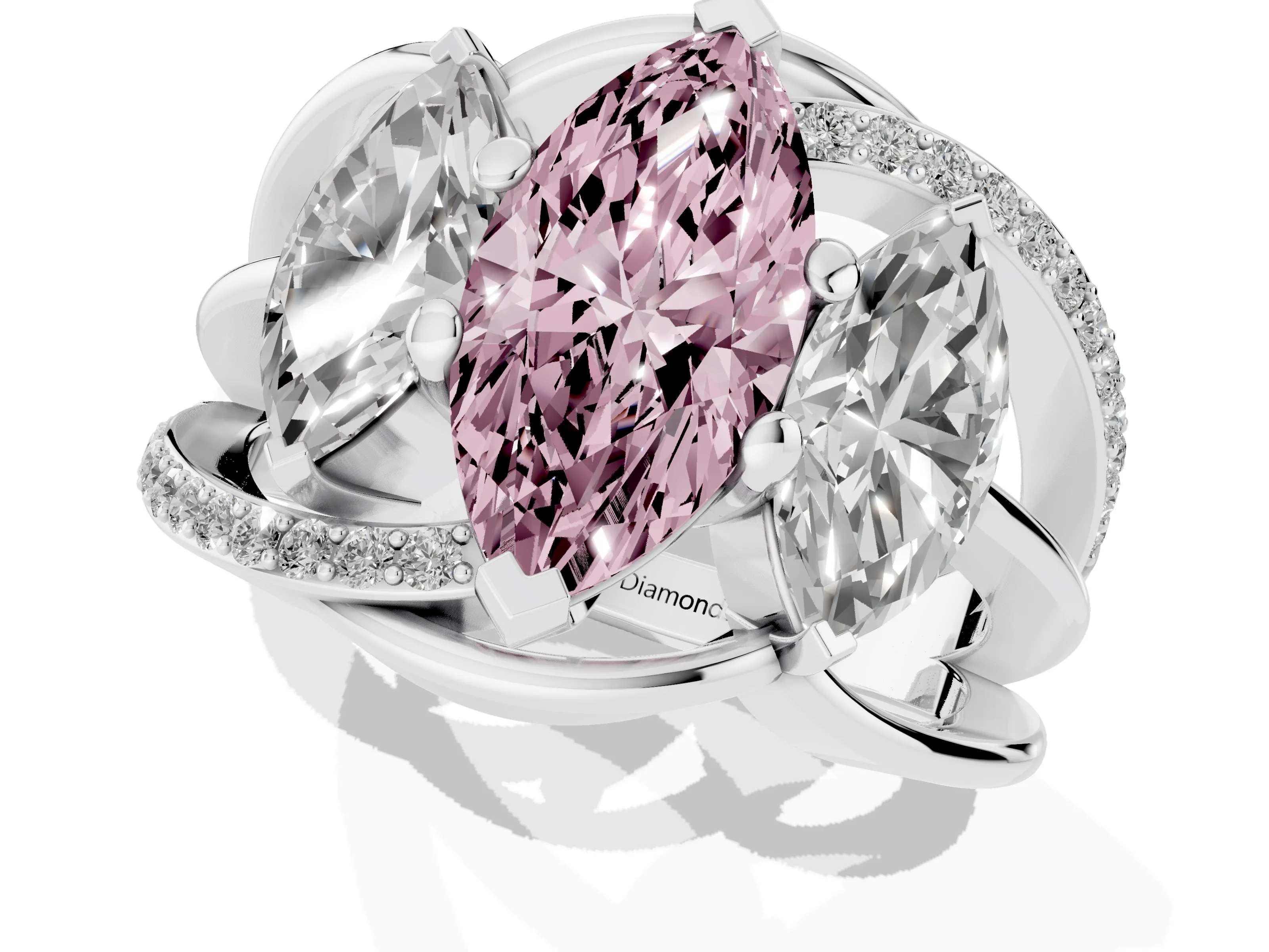 Fancy Pink Marquise Cut Diamond Three-Stone Ring Set in Platinum with Split Shank and Prong Setting