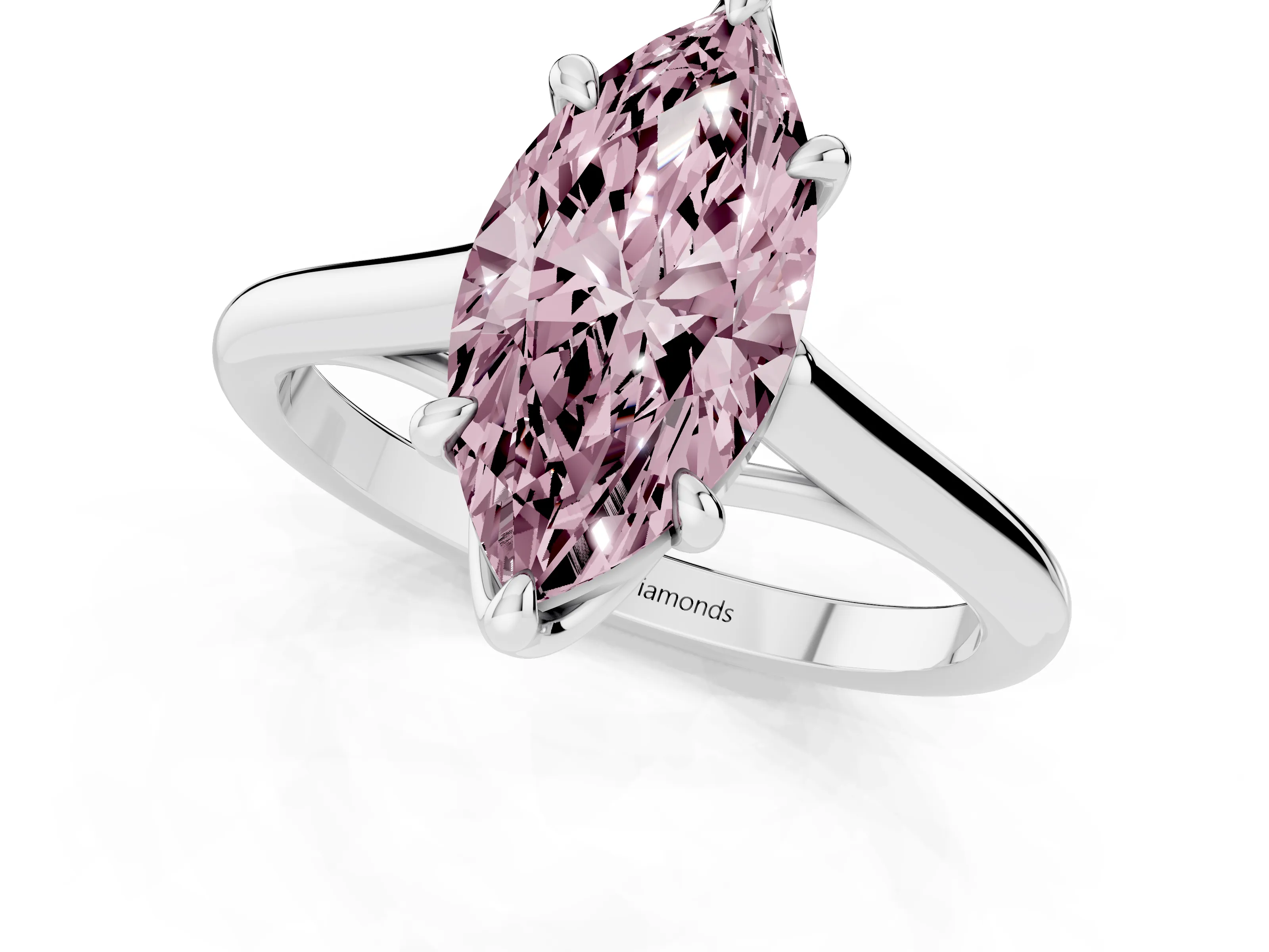 Fancy Pink Marquise Cut Diamond Solitaire Engagement Ring Set in Silver with Prong Setting and Plain Classic Band