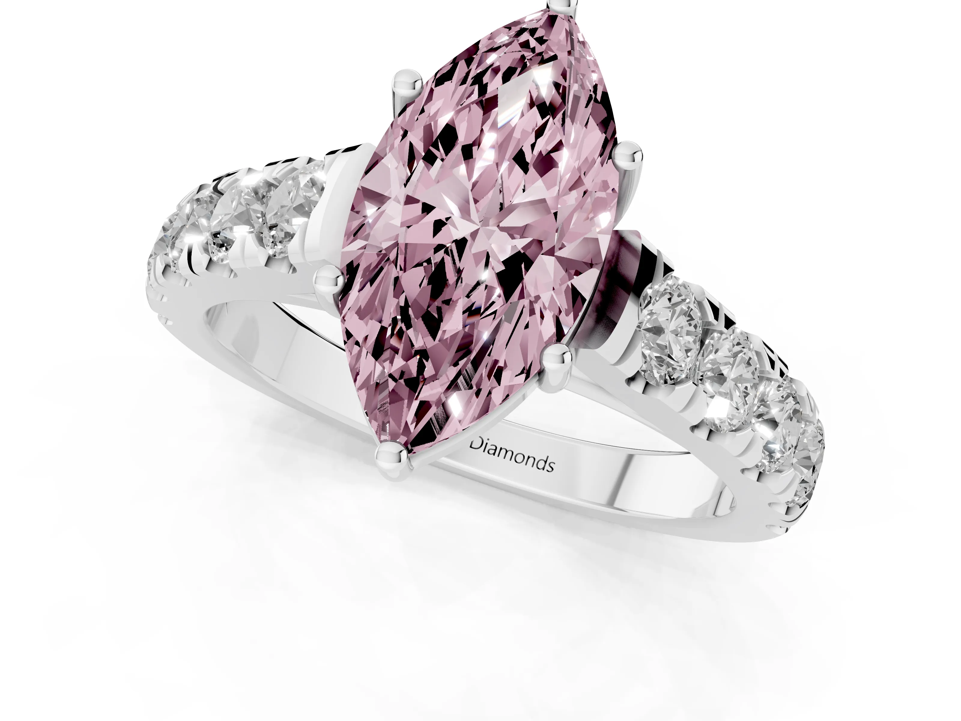 Fancy Pink Marquise Cut Diamond Solitaire Ring Set in White gold with Cut-Down Micro Pavé Band and Prong Setting