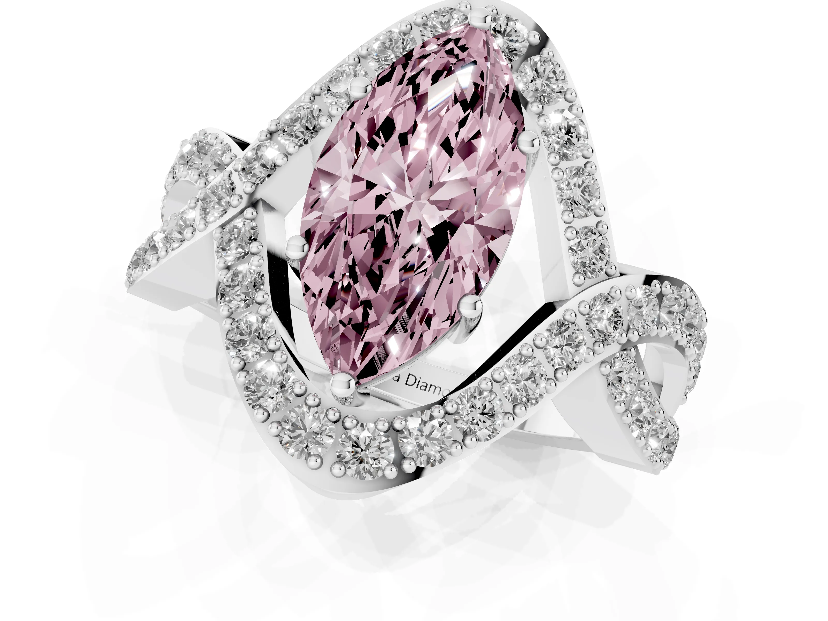 Fancy Pink Marquise Cut Diamond Solitaire Twist Band Pavé Engagement Ring Set in Platinum