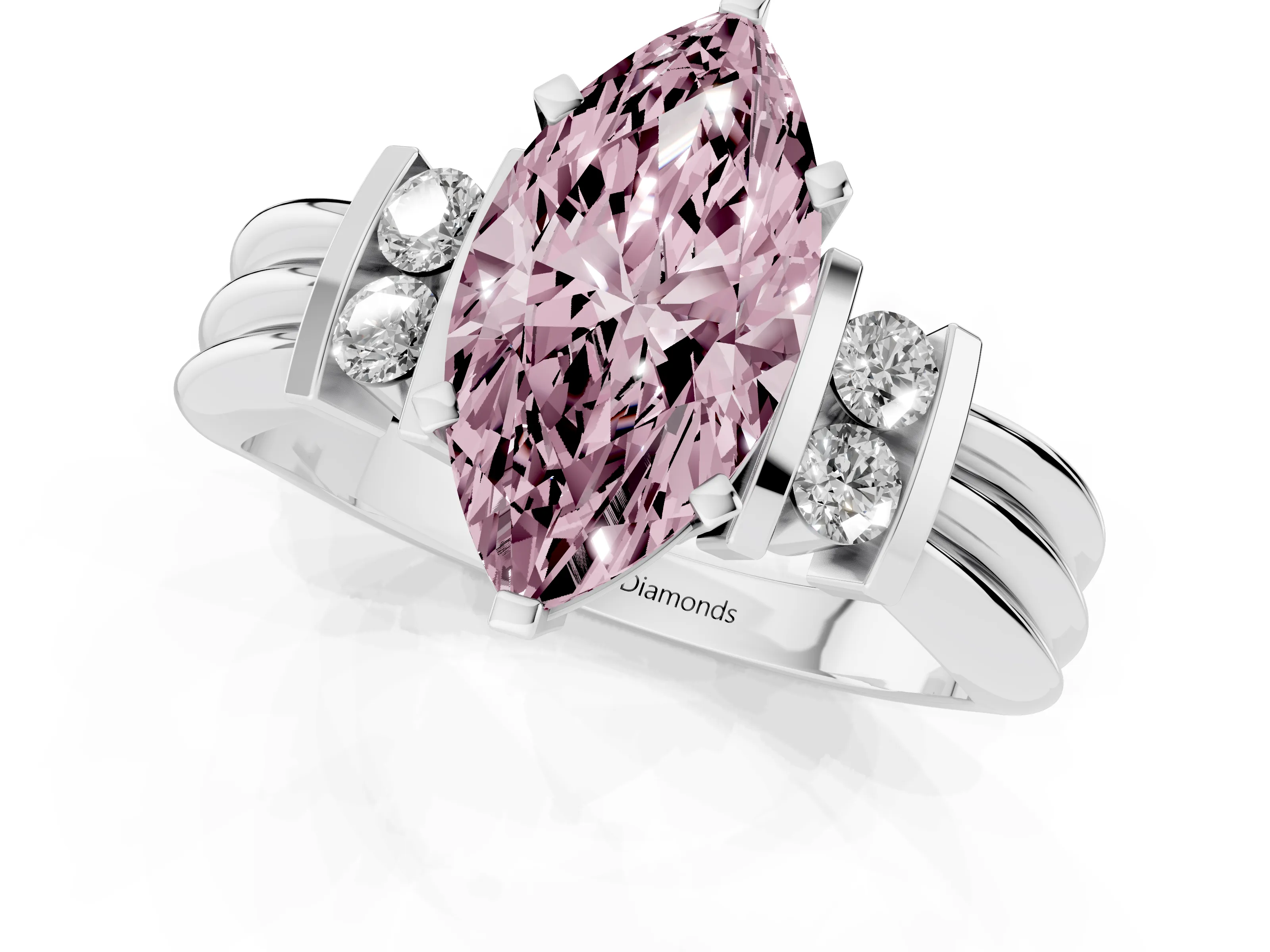 Fancy Pink Three-Stone Marquise Cut Diamond Channel Set Ring Set in White gold with Bar Prongs